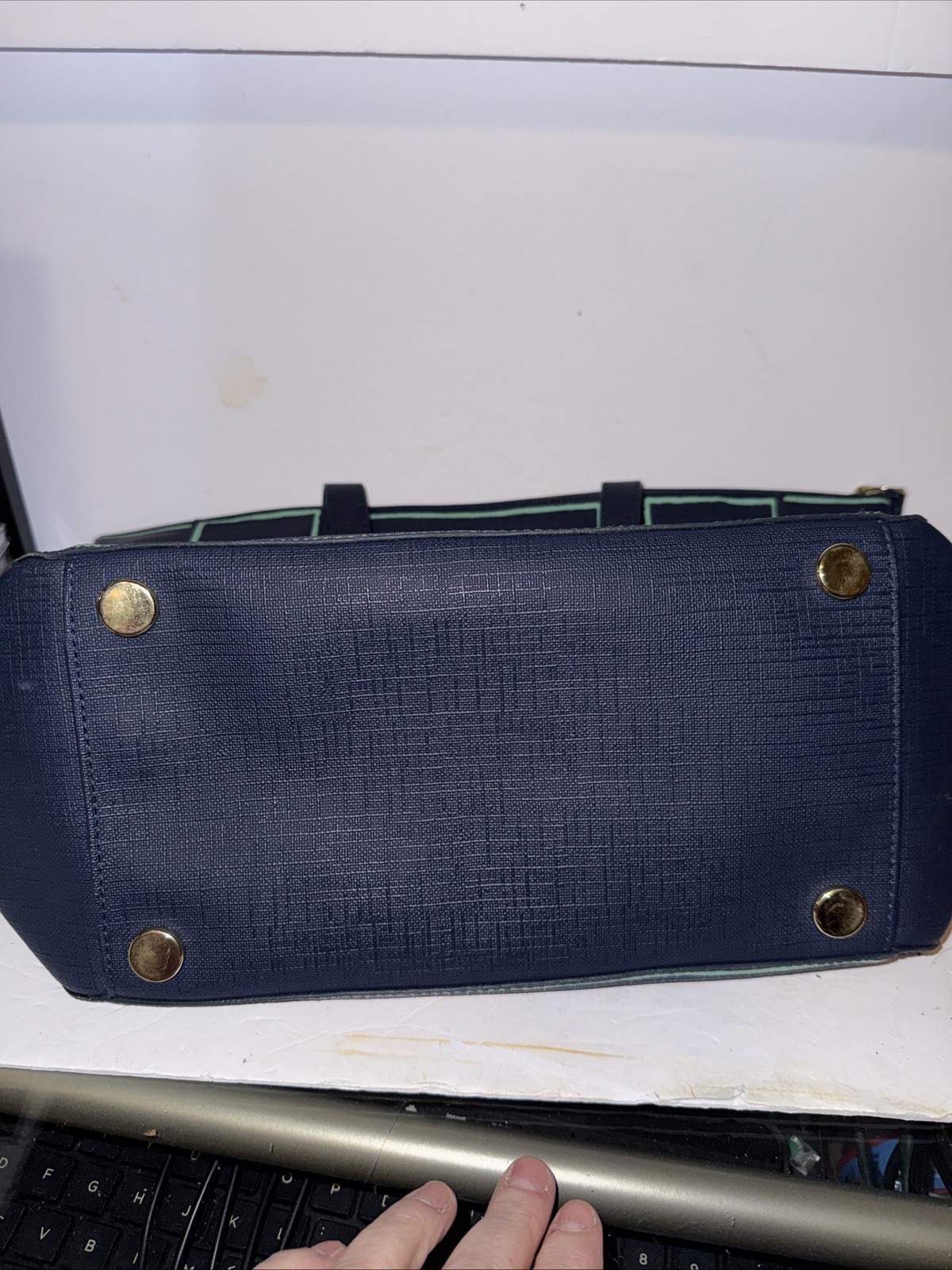 Fossil Sydney Tote Navy With Lt Green Piping Zip 11”