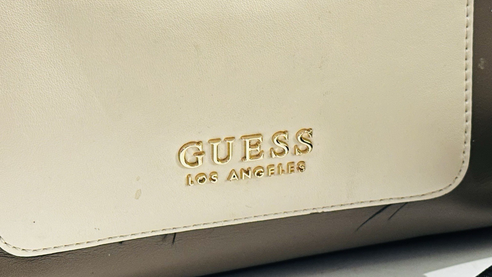 GUESS Gray Cream Colorblock Satchel Top Handle Bag Zip Detachable Strap Gold