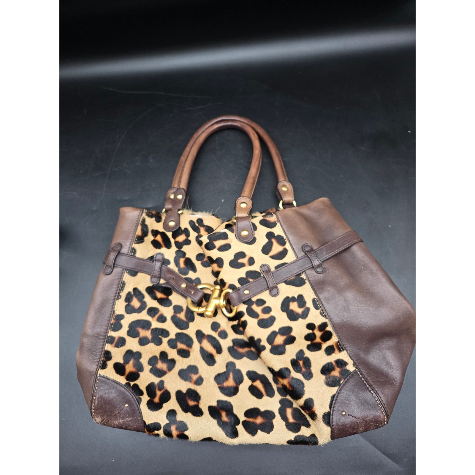 Forth & Towne Leopard Print Calf Hair Leather Tote Handbag Purse Large