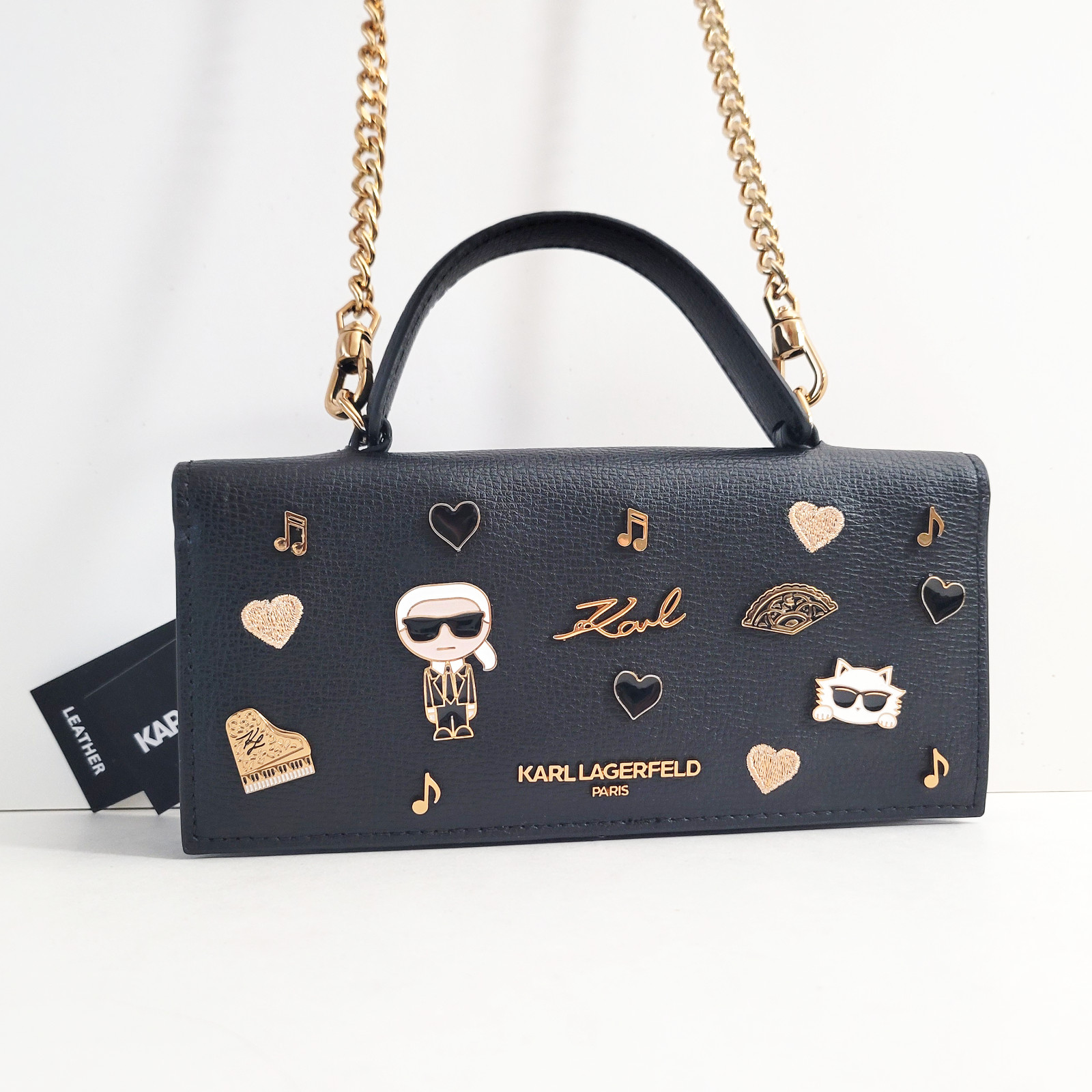 Karl Lagerfeld Paris Jacqueline Black Small Crossbody Wallet with Music Pins NEW