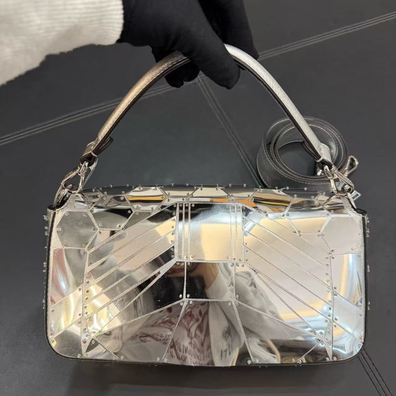 AUTH Fendi Baguette Silver Mirror Geometric Studded Leather Silver Hardware