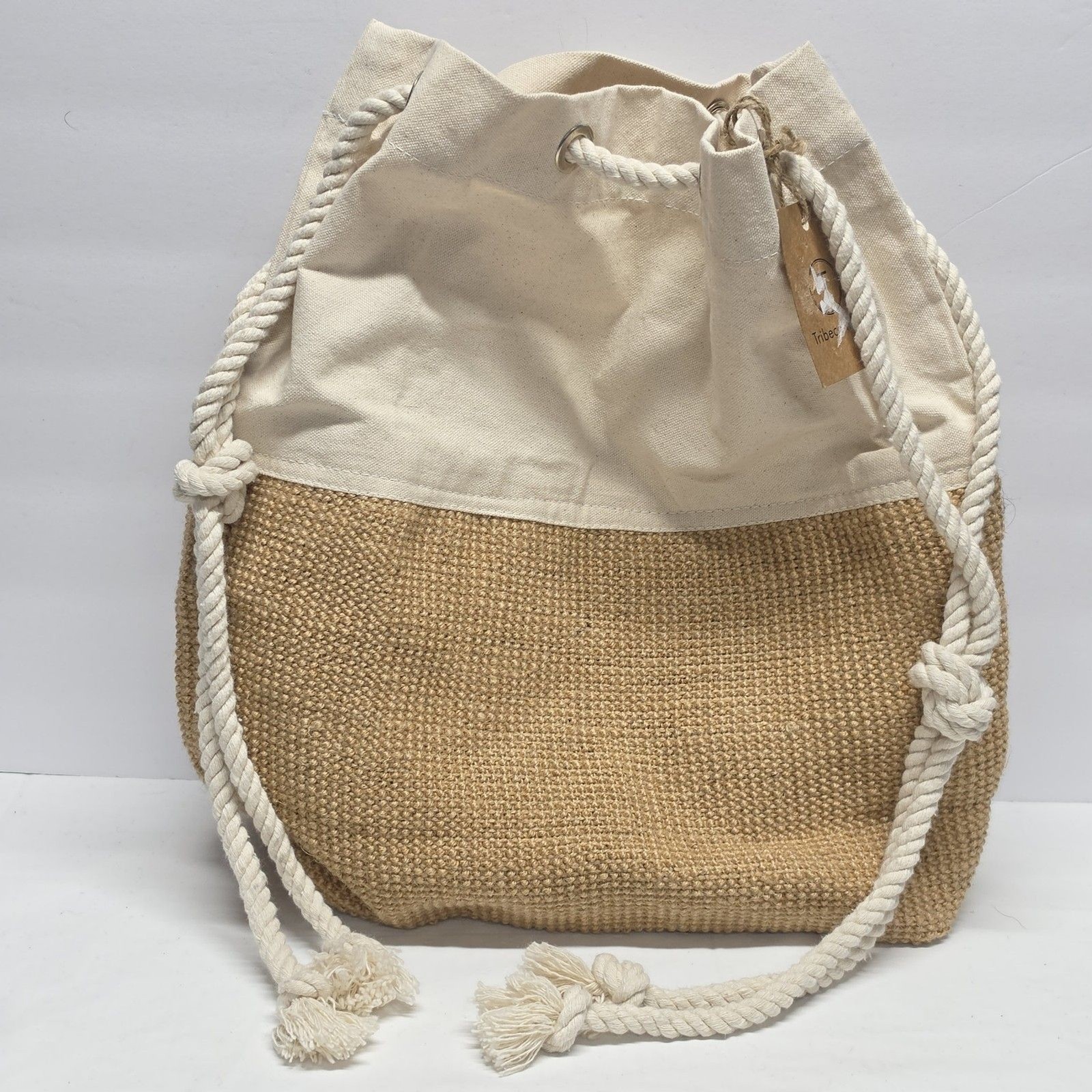 TRIBECA TRIBE Natural Canvas Woven Jute Drawstring Shoulder Bag Boho Hippie NWT