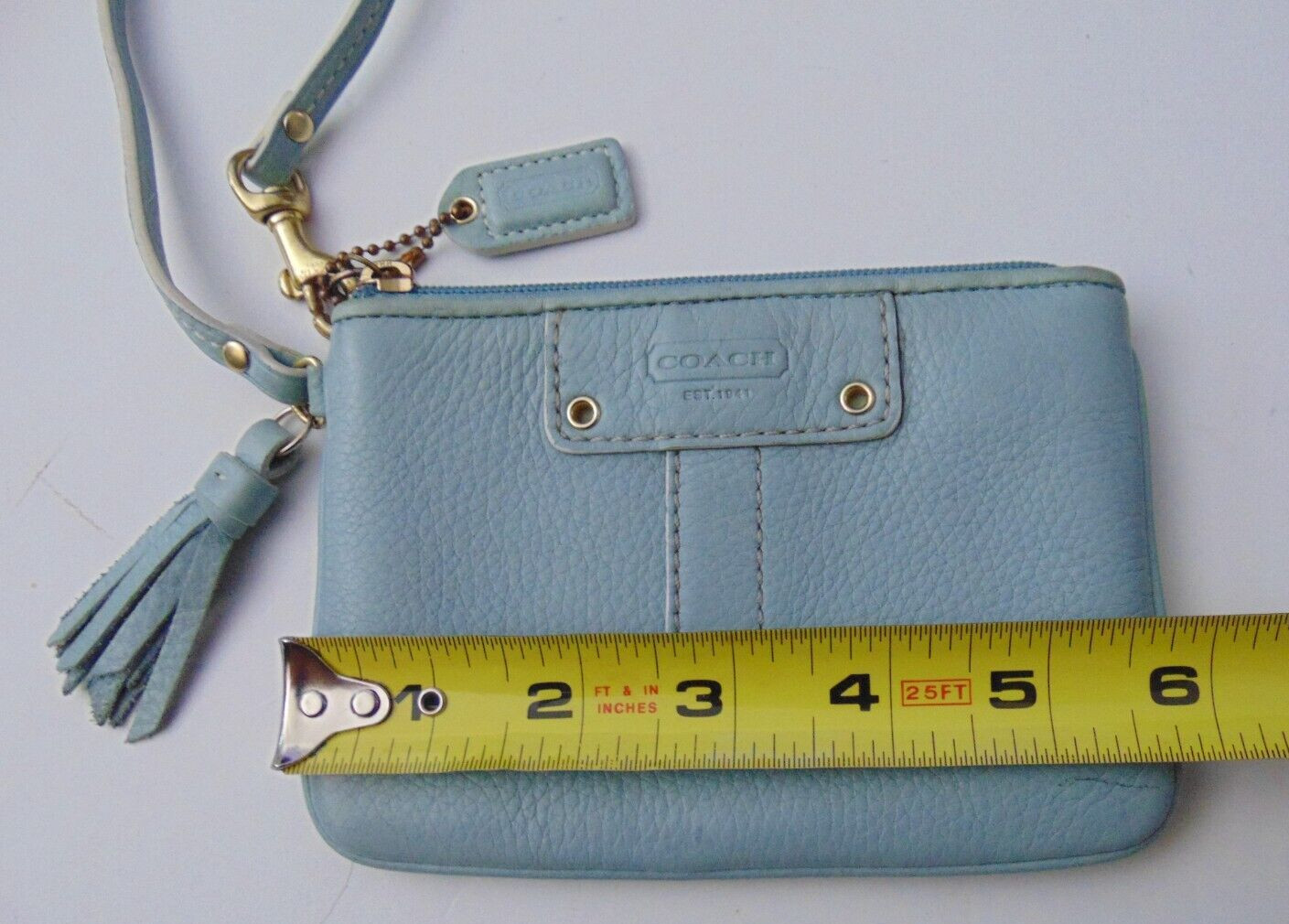 Coach light blue pebble leather 4X6 inch wristlet