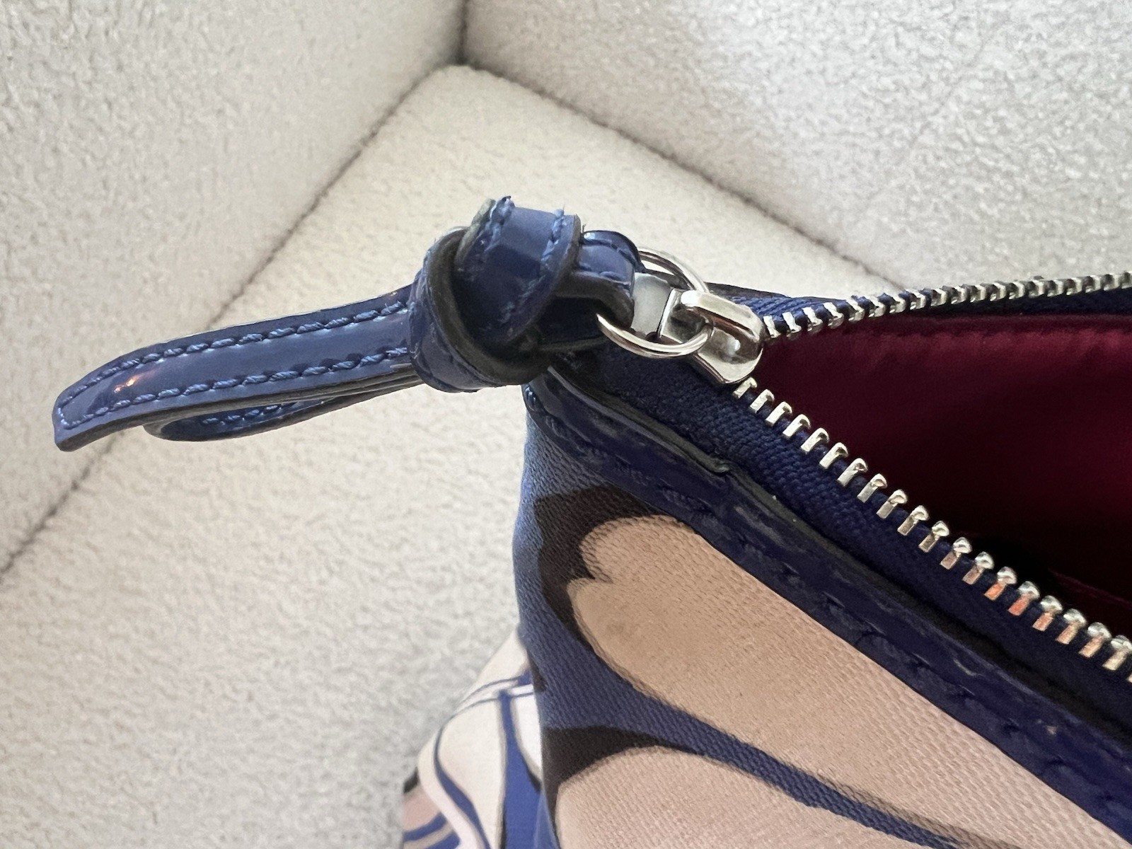 Coach Blue White Black Floral Tote Shoulder Zip Bag, Pink Lining, Charm