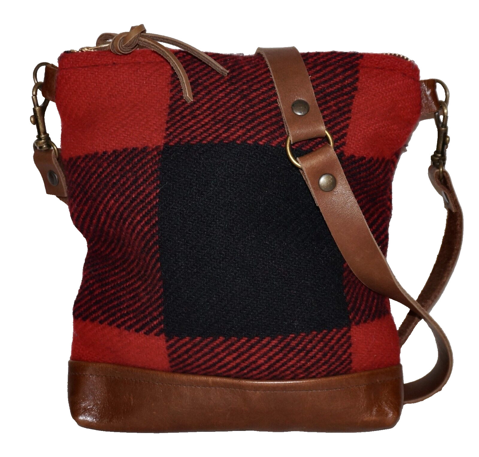 Vintage NAN-MADE Small Red & Black Plaid Wool & Tan Leather PUP Mini Crossbody