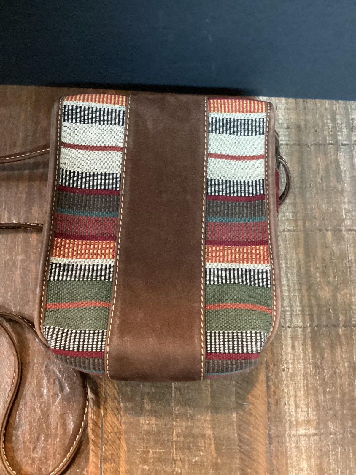 Vintage boho Brown Nubuck/stripe fabric Crossbody bag purse floral metal accent