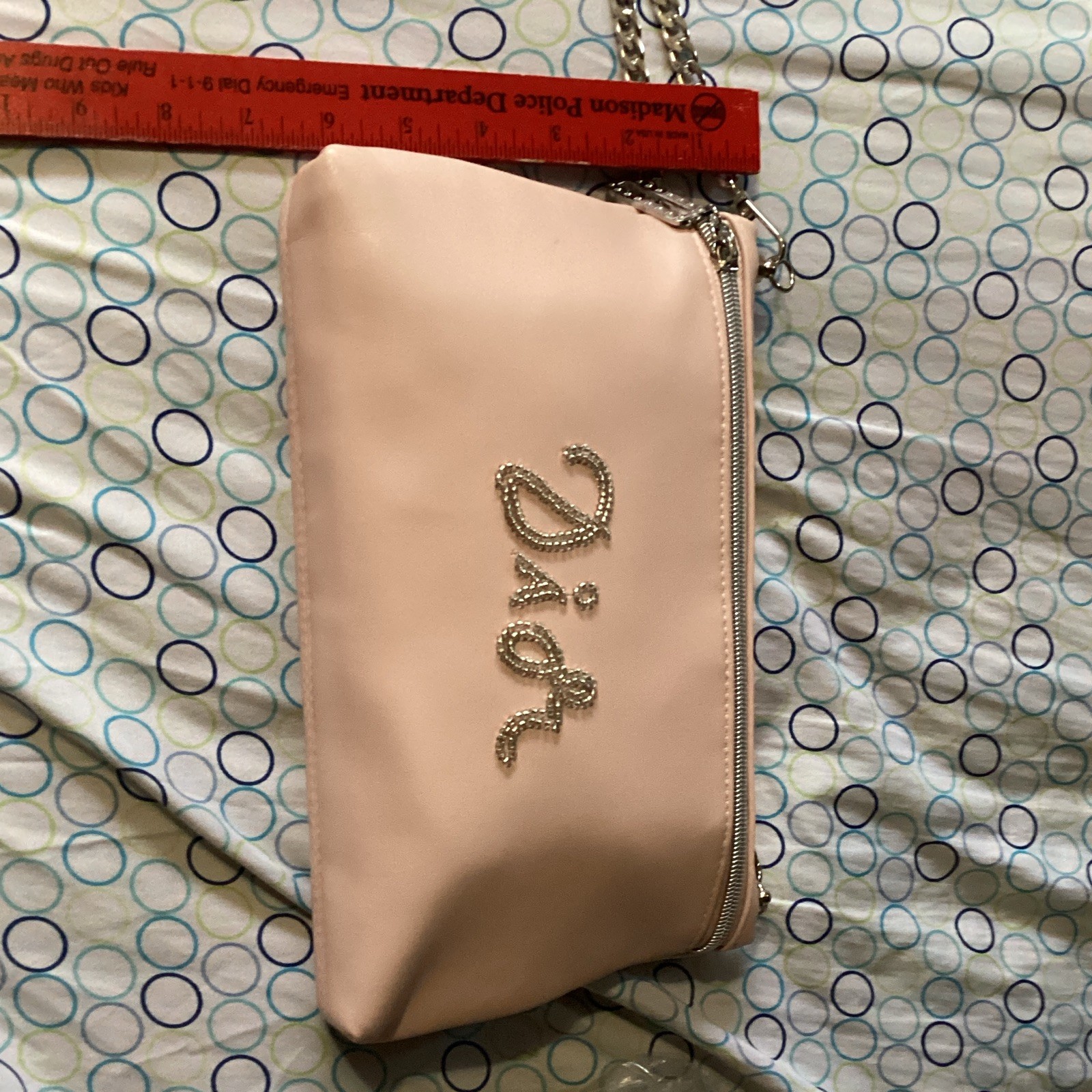 Dior Pink Logo Zip Shoulder Bag Silver Chain Strap Rhinestone Accents