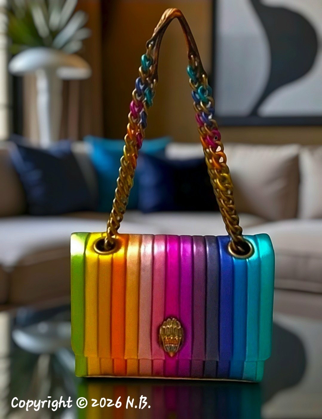 Kurt Geiger Lrg Kensington Leather Rainbow Metallic Shld/Crossbody + Dustbag NWT