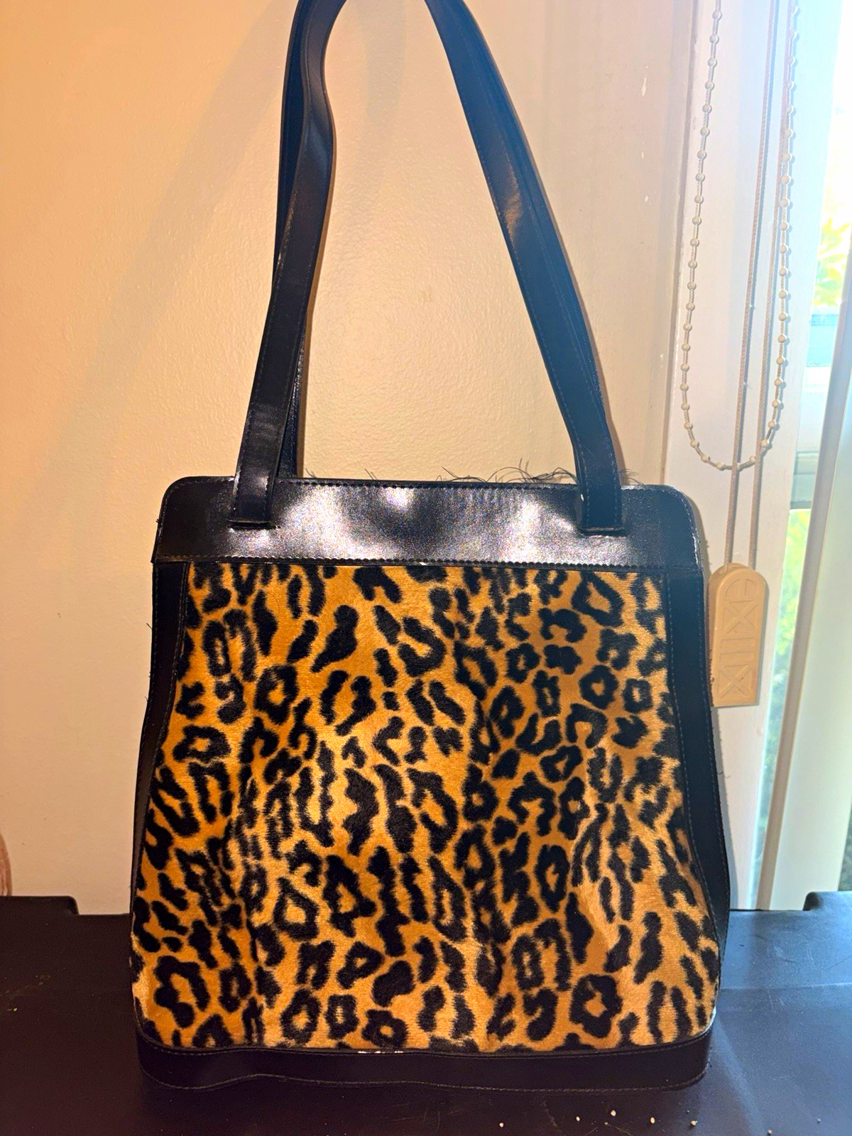 Y2K Vintage Leopard Print & Black Structured Shoulder Tote