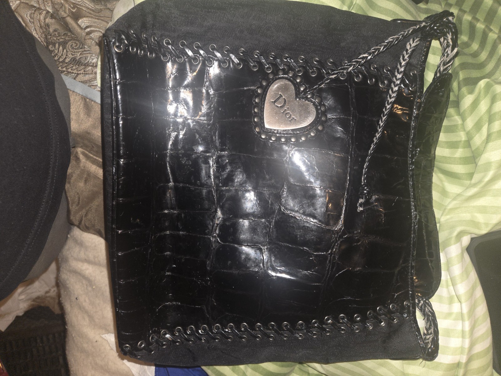 Christian Dior Black Diorissimo Nylon and Patent Leather Grommet Heart Charm…