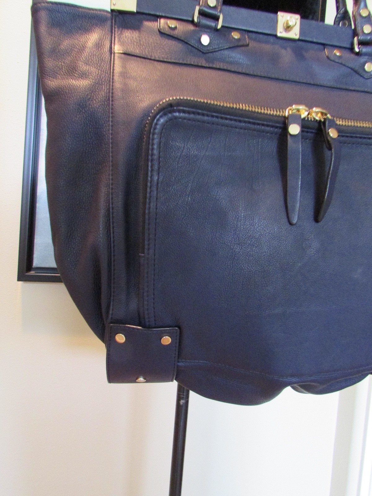 $3150 LANVIN Navy Blue Leather Magnetic Top Frame Tote-Bag