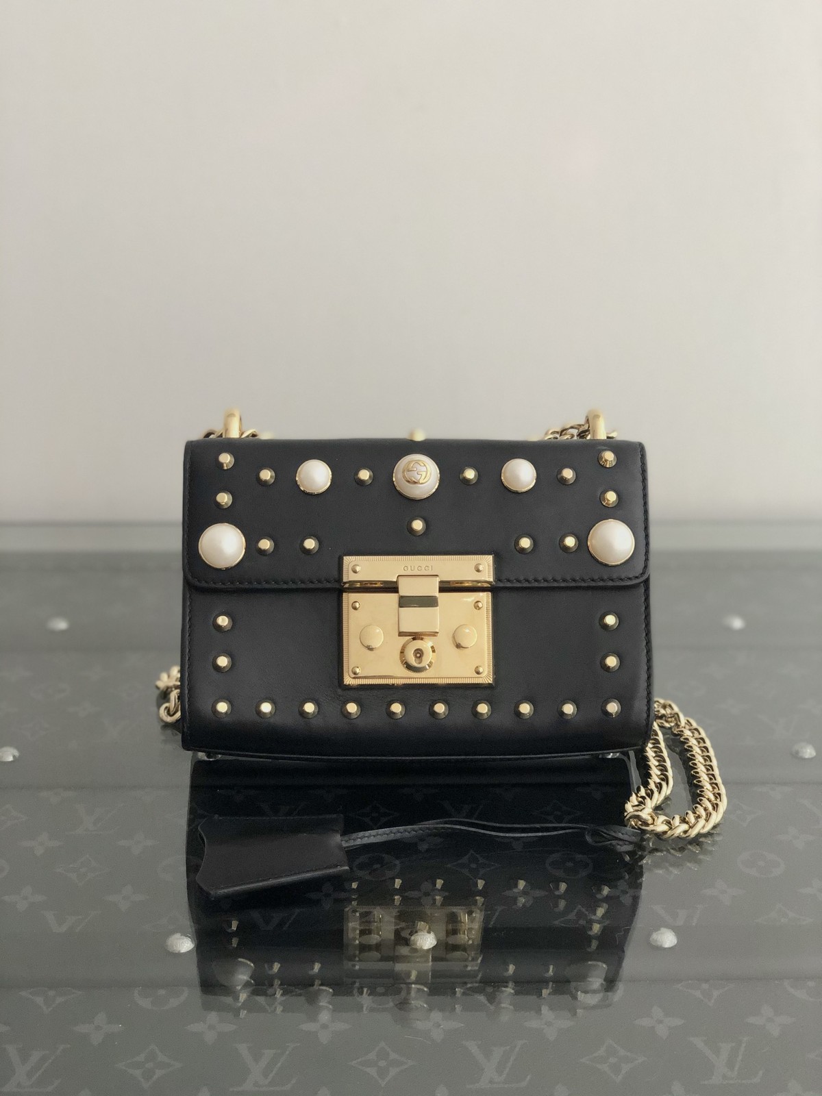 Gucci Padlock Shoulder Bag Pearl Studs Black Leather AUTH Pre-Owned Italy