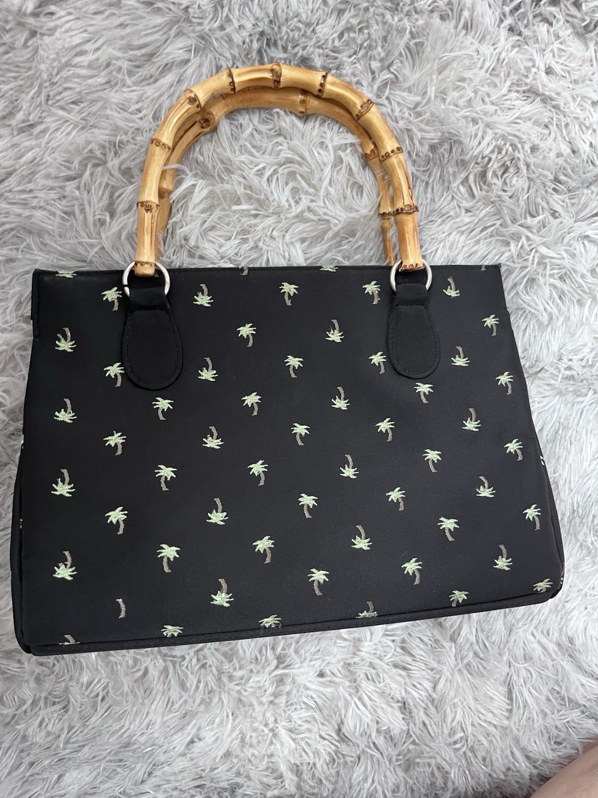 Sunny Hawaii Palm Tree Embroidered Purse Bamboo Handles Black 9 inch Handbag