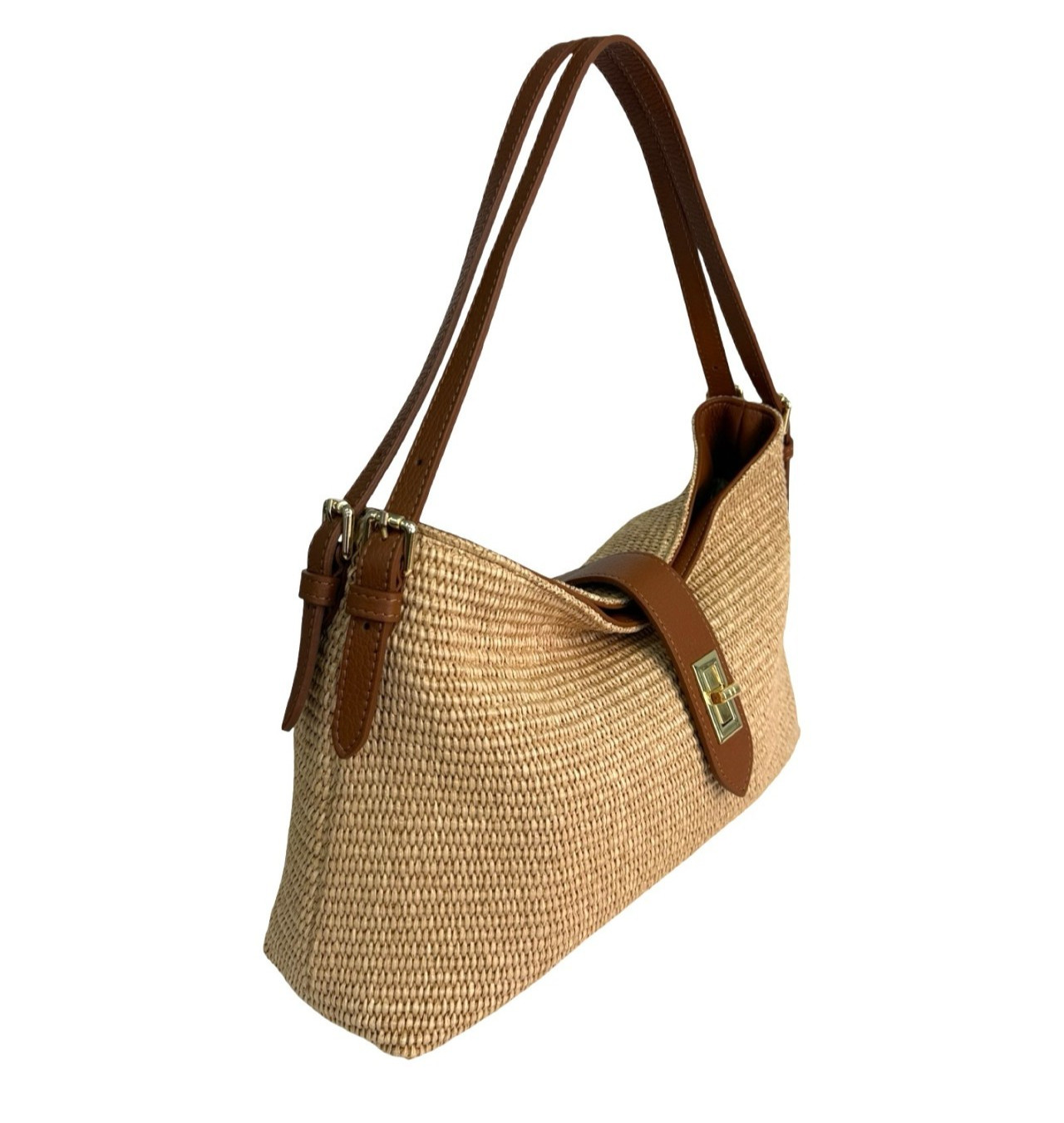 ITALIAN GENUINE LEATHER & RAFFIA HANDBAG SHOULDER BAG PURSE – MADE IN ITALY