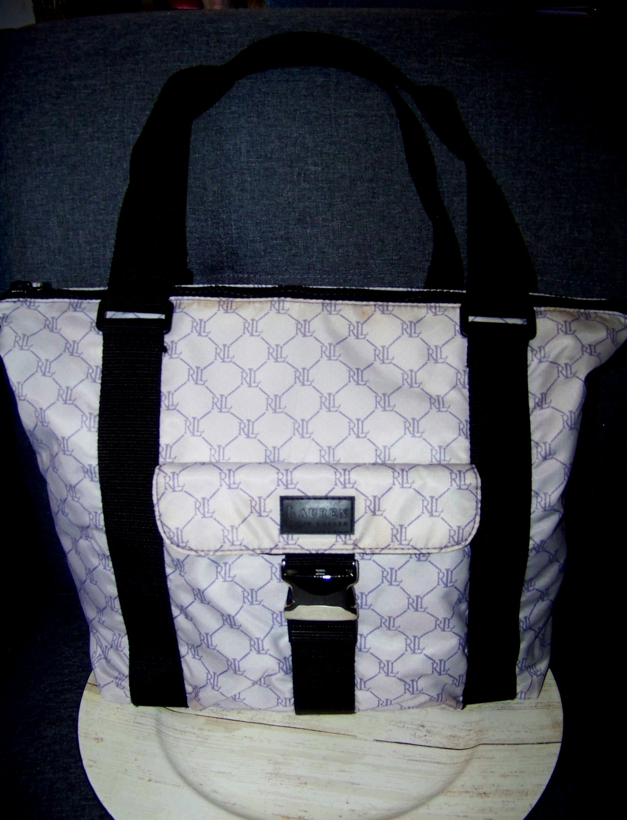 Lauren Ralph Lauren Purple Monogram Logo Nylon Canvas Tote Duffle Bag w/Buckle