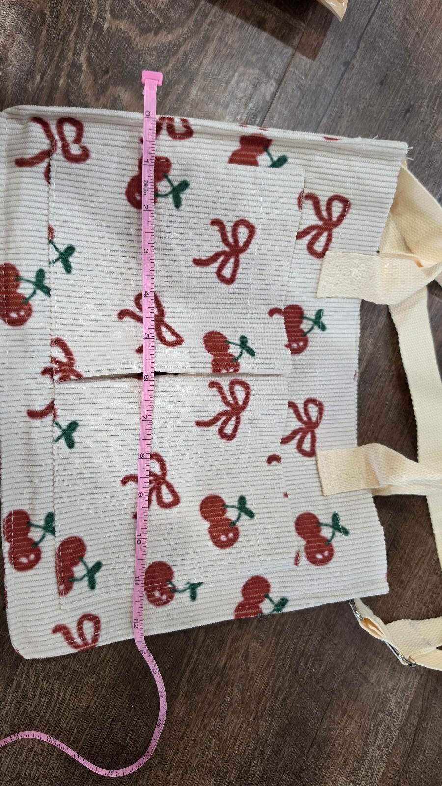 Cream Tote Bag with Red Cherry & Bow Print