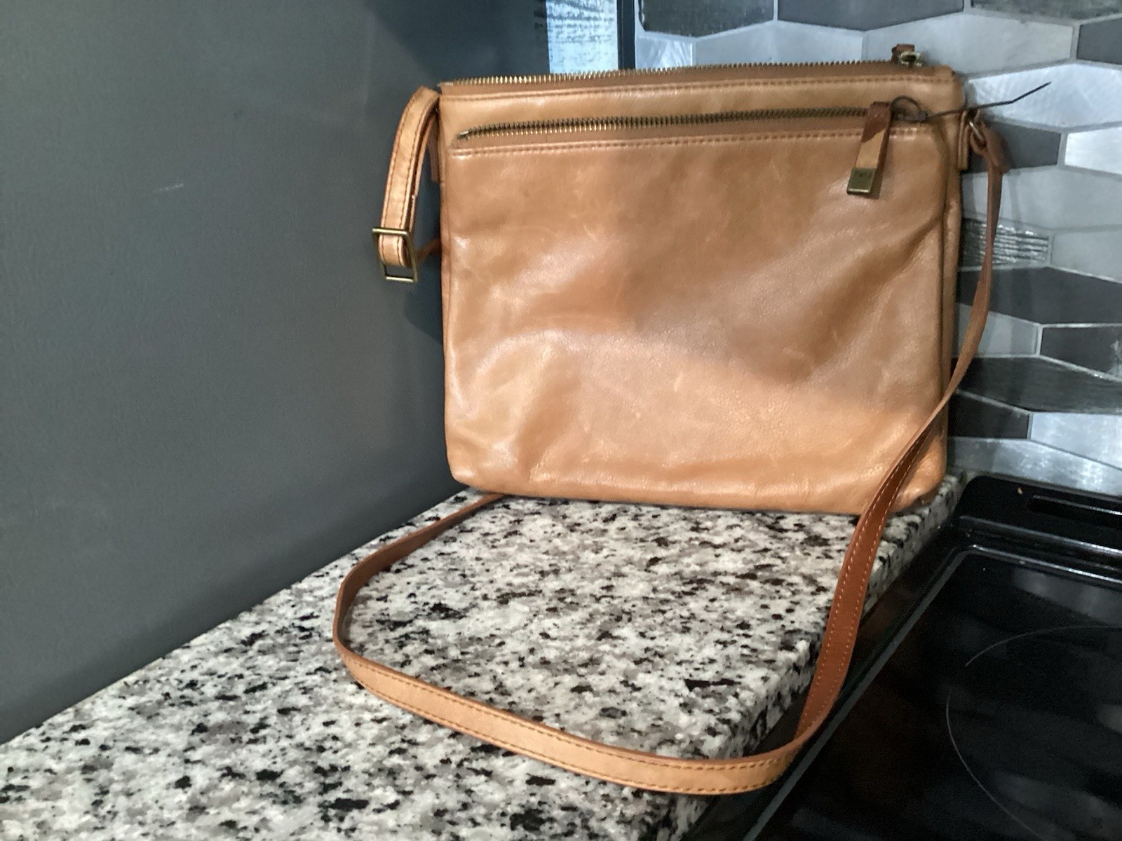 Margot Women’s Tan Solid Crossbody Bag Zip Closure Gold Hardware Medium Straps