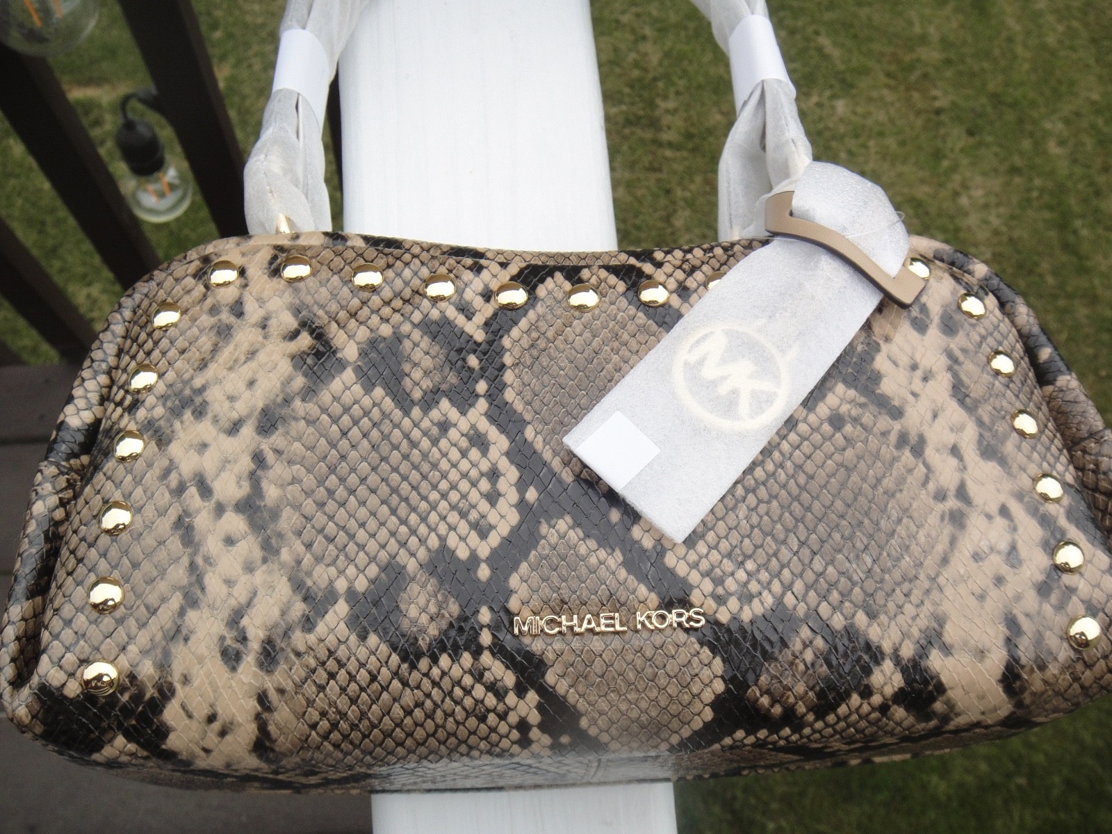 Michael Kors Lady Cecily Small Studded Snake Embossed Shoulder Bag Light Cream