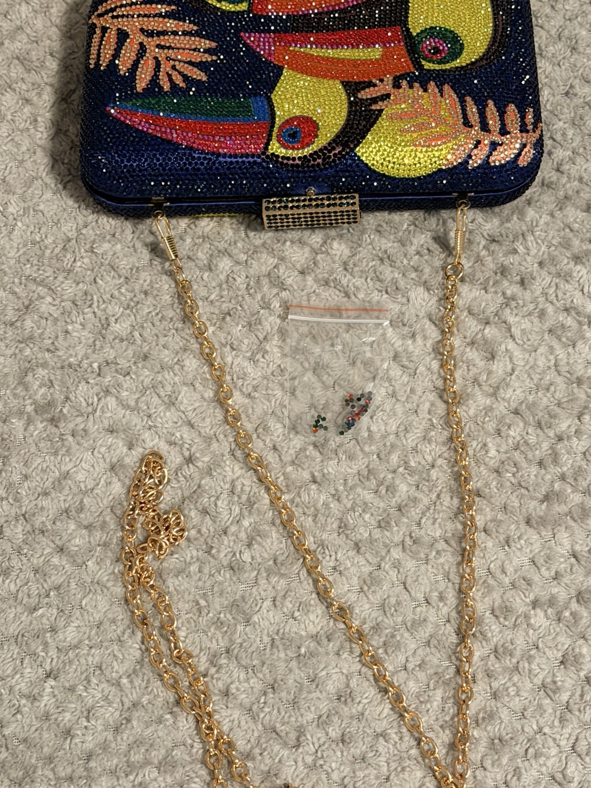 Boutique De FGG mini clutch, vibrant toucan design fully embellished w/ crystals