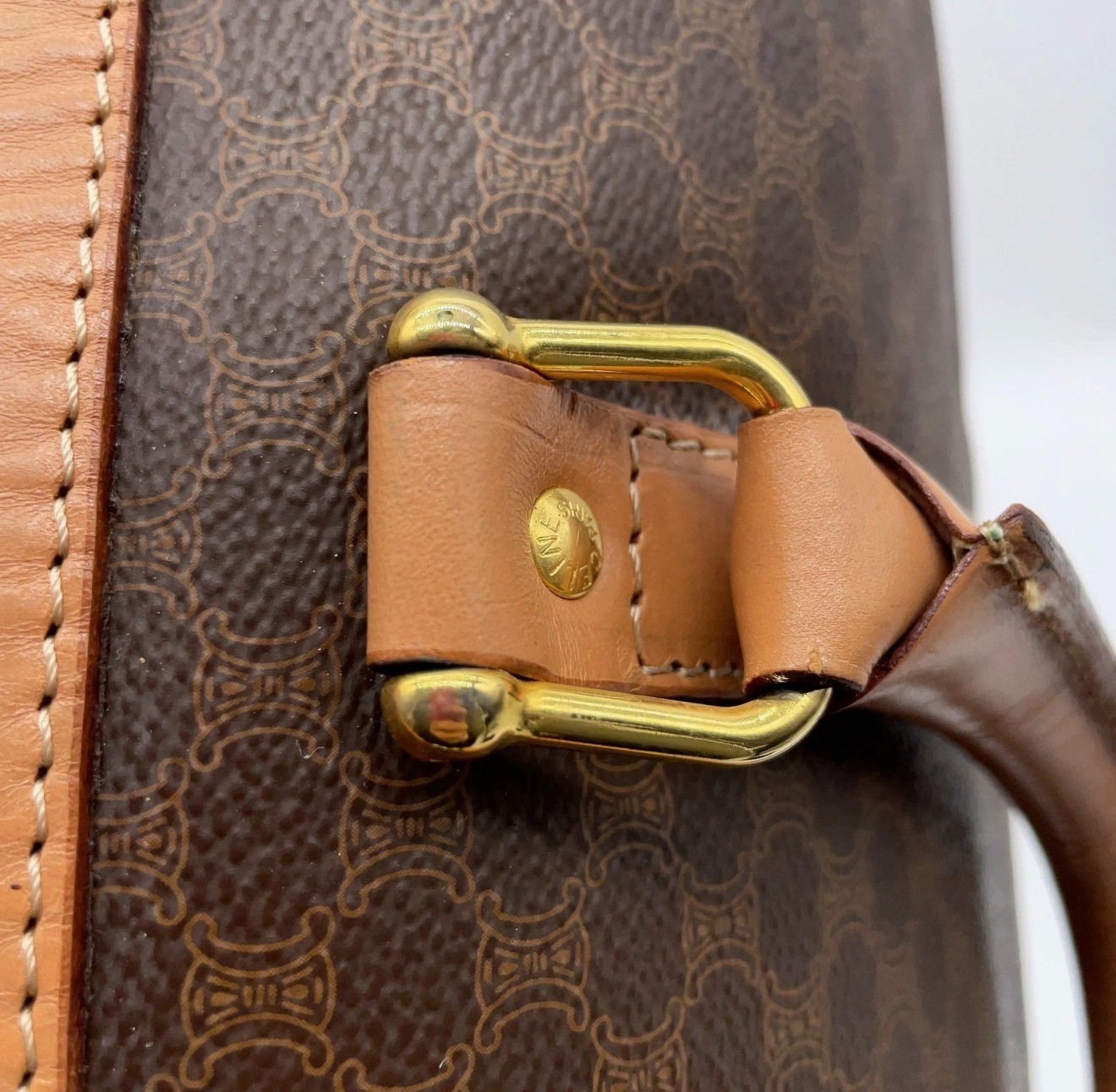 Authentic Celine Macadam pattern PVC leather brown Boston bag 40 w/Padlock