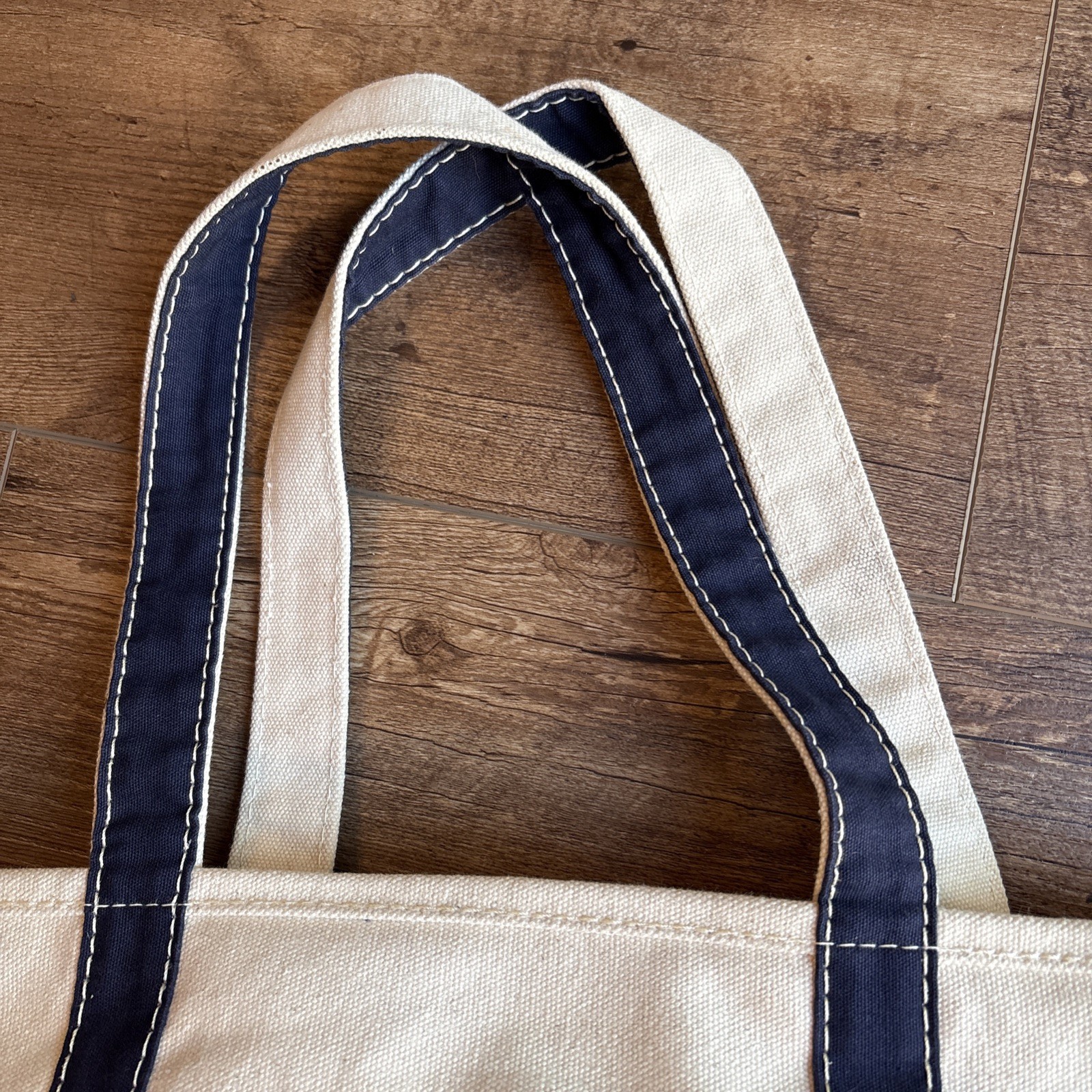 Lands’ End Canvas Tote Bag Large Navy & Cream Cotton Made in USA 18x13x6 inches