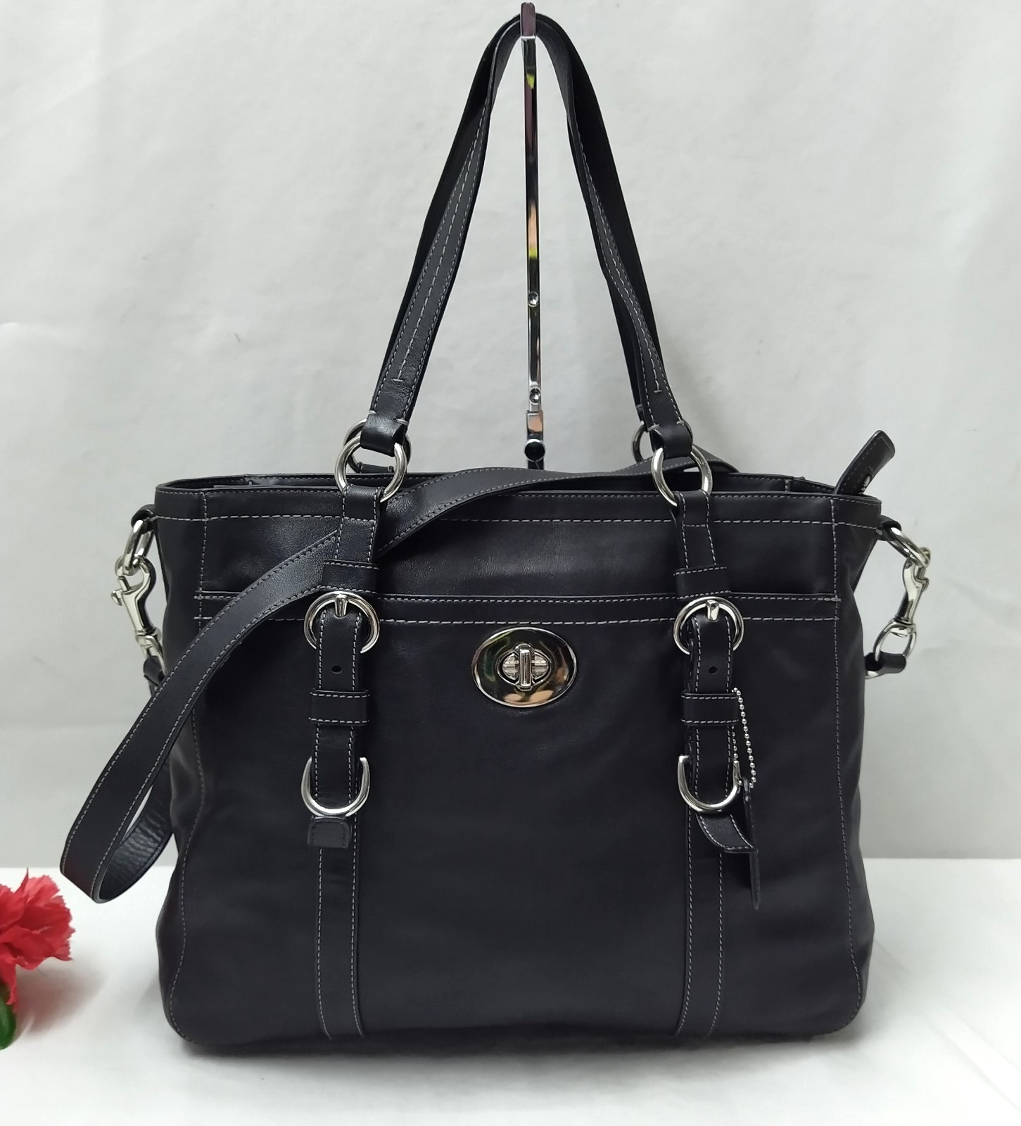 Coach Black Soft Leather Turnlock Double Handles Satchel Zipper Closure Bag