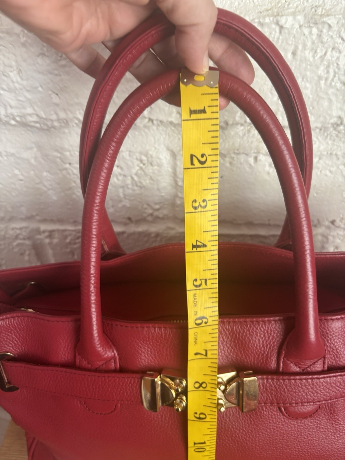 ONNA EHRLICH Women’s Red Genuine Pebble Leather Gold Buckle Maya Tote Bag $550
