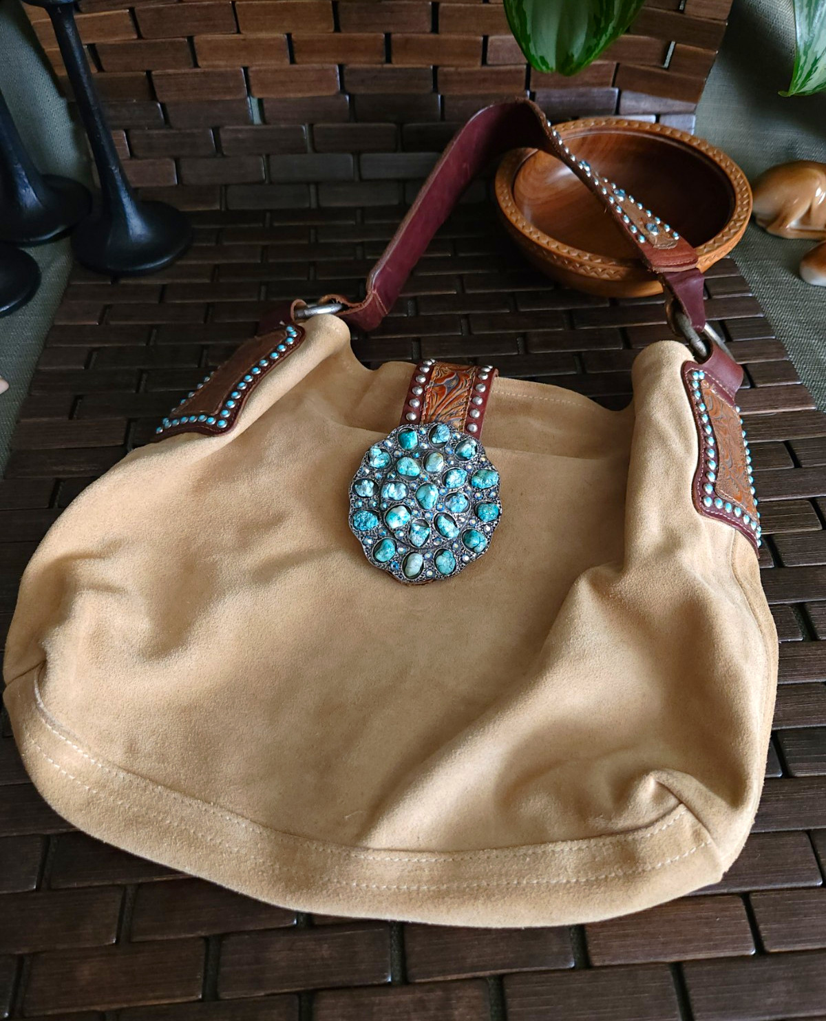 LEATHEROCK Tan Shoulder Bag Suede Leather Crystal Turquoise Silver Stud Accent