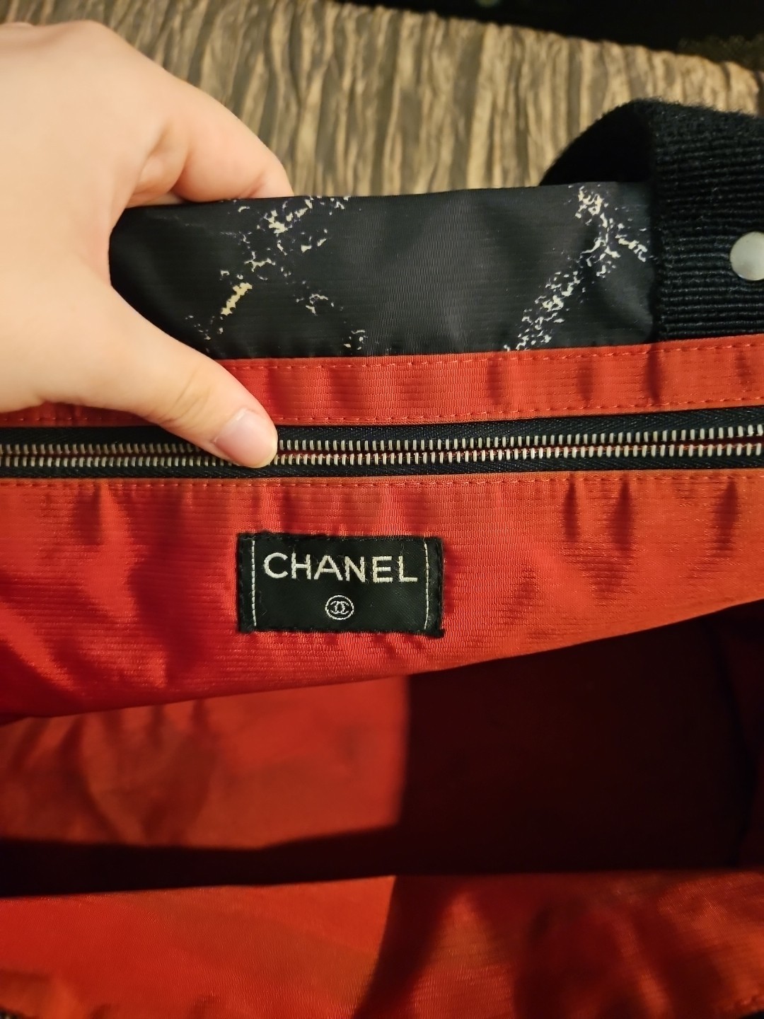 Authentic CHANEL Black & Grey Nylon Tote Handbag Web Straps
