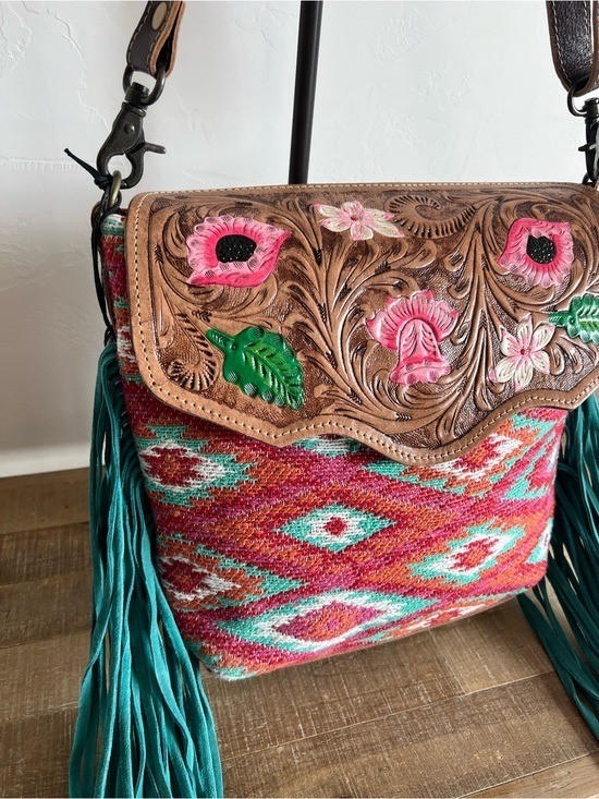 Myra Bag Fringe Tooled Leather Handbag Western Boho Floral Turquoise Crossbody