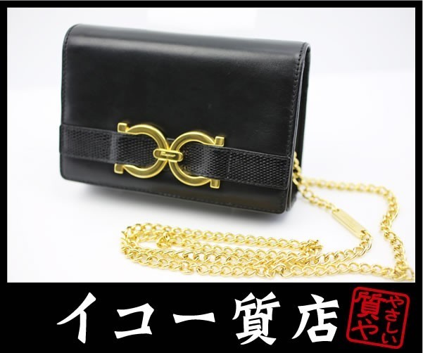 Iko Ferragamo Gancini Chain Shoulder Bag AQ214732 Leather Black x Gold Good Cond