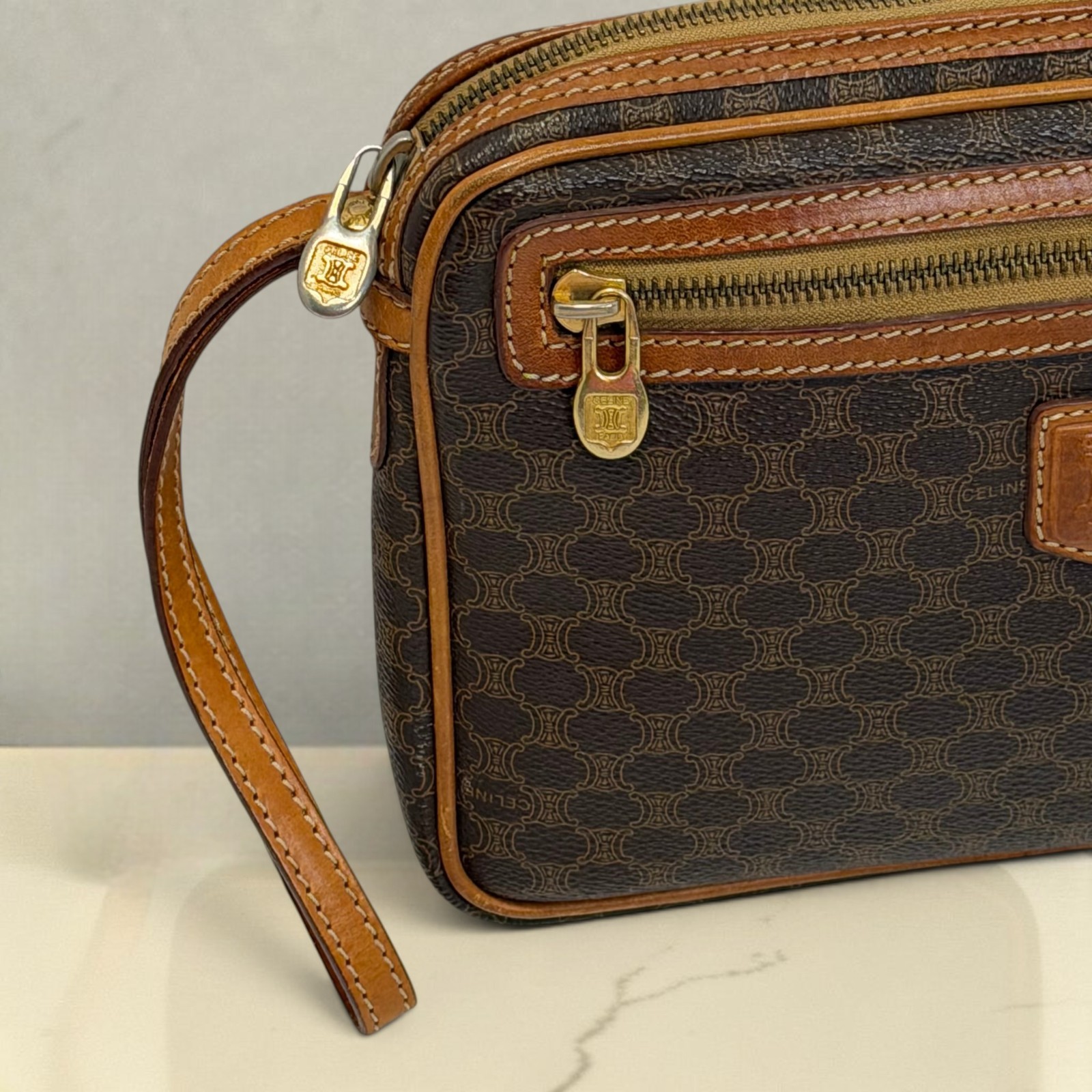 Vintage Celine Macadam Triomphe Clutch Bag 1990s Designer Wristlet PVC Leather