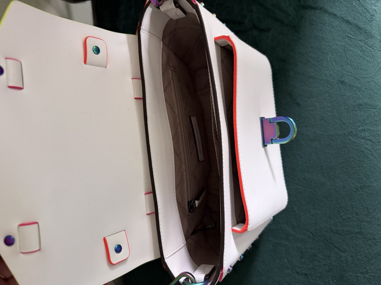 Michael Kors White Small Satchel Top Handle Crossbody Push Lock Rainbow Hardware