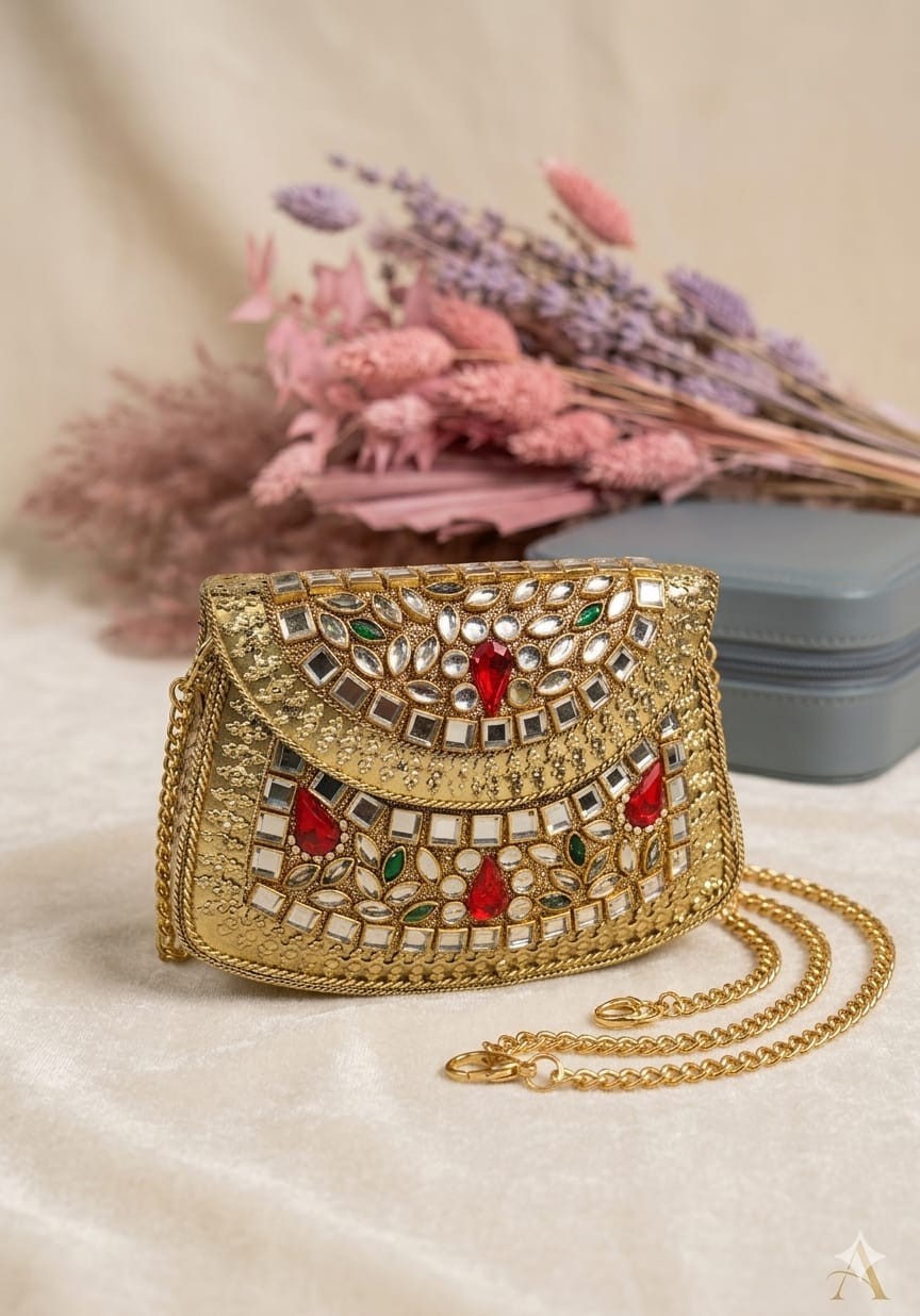 Luxury Kundan Mirror Work Clutch Purse Gold Toned Statement Piece Formal Handbag