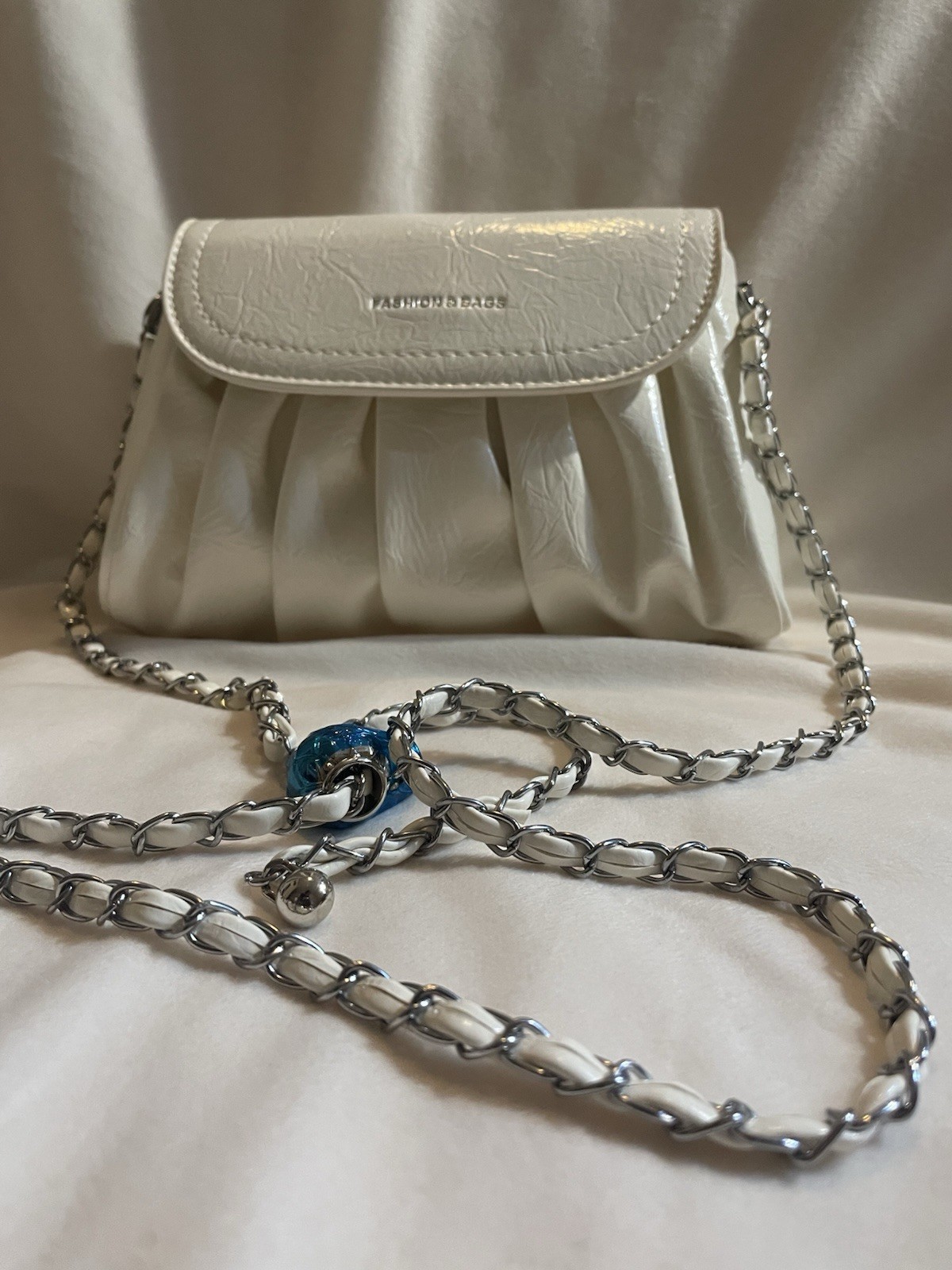 Small White Pleated Crossbody Bag Zip, Chain Strap, Charm, Silver