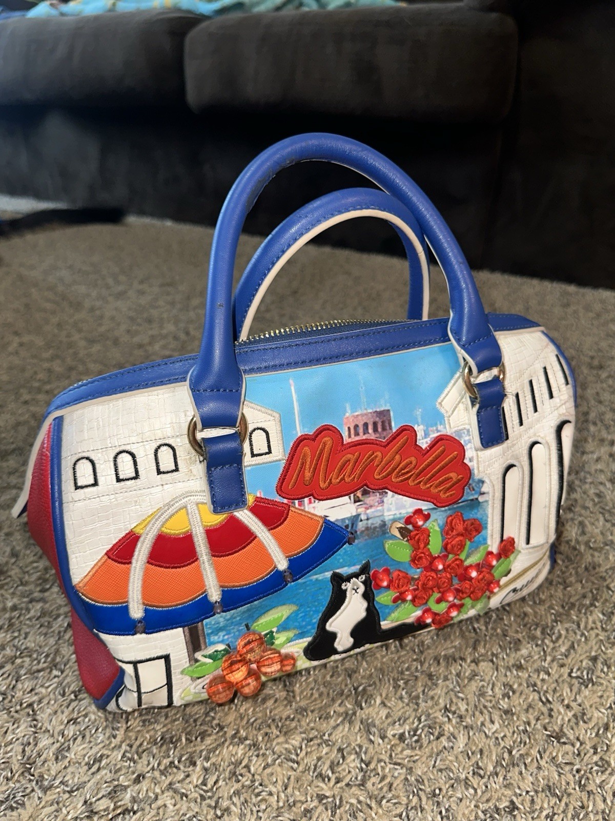 Braccialini Multicolor Pictorial Satchel Top Handle Zip Lined Pockets Gold