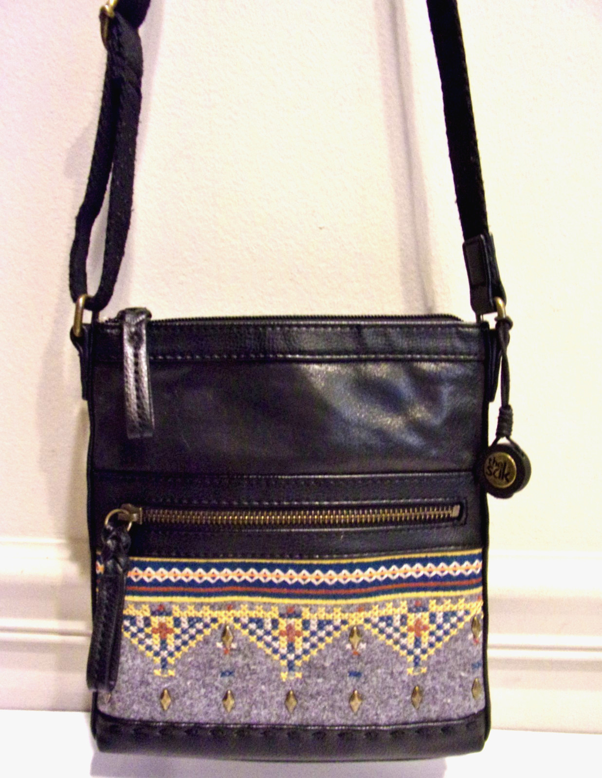 The Sak Indio Black Glazed Smooth Genuine Leather Tapestry Piecing CB Handbag