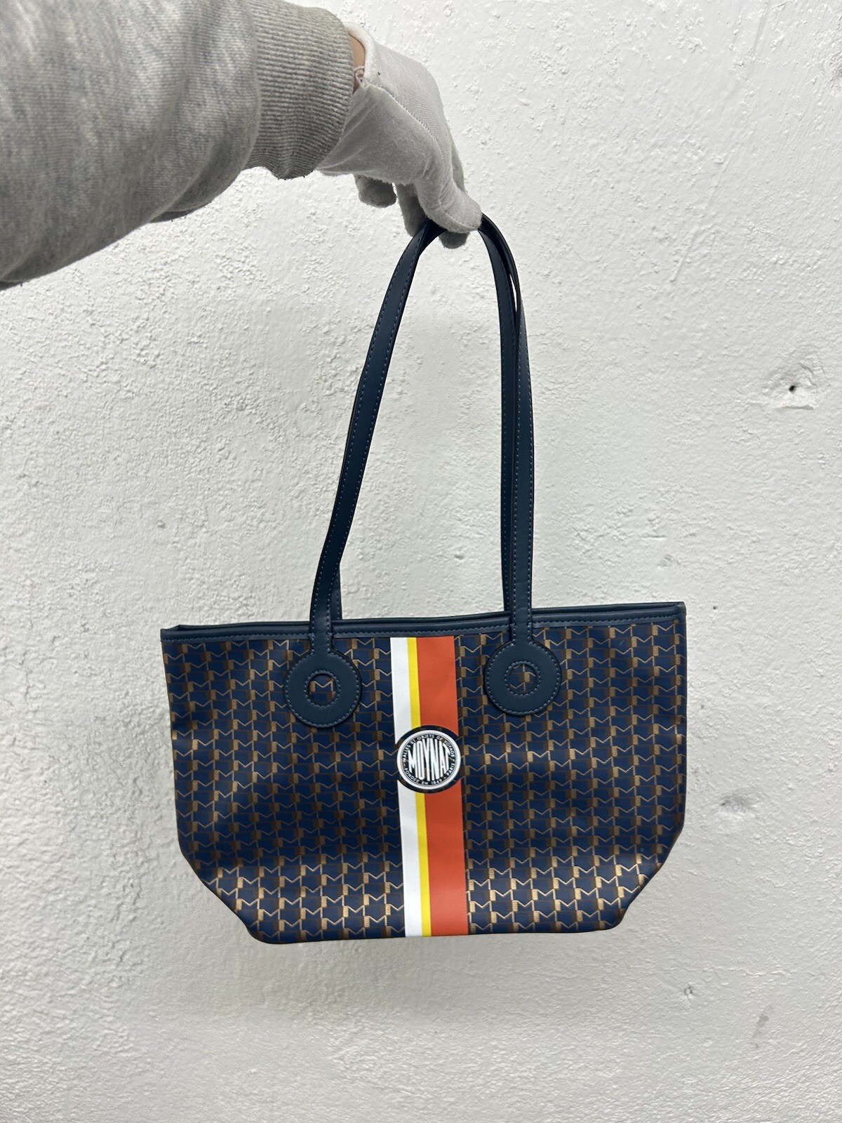 New Moynat Canvas X leather Tote Shoulder bag Navy Monogram Trunk Sz S/M UPT