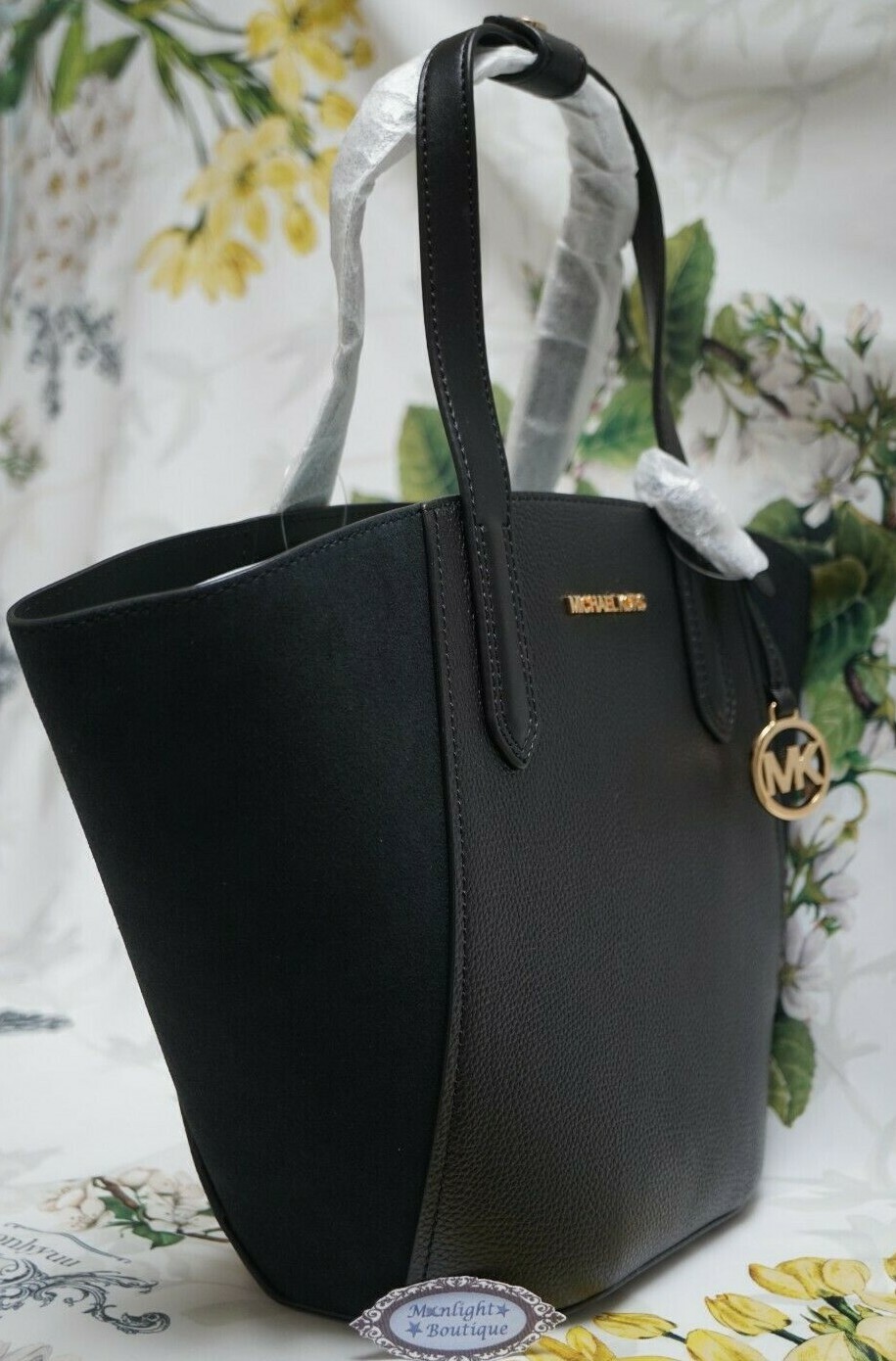 NWT MICHAEL KORS PORTIA SMALL Tote Bucket Bag In BLACK Leather Suede Gold Tone