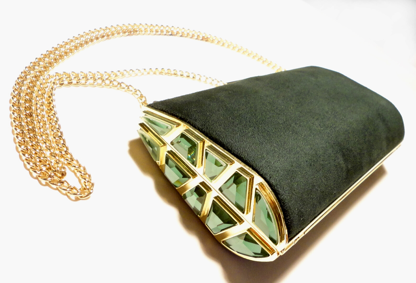 New SONDRA ROBERTS Faux GREEN SUEDE Evening JEWELED CLUTCH BAG Should Strap