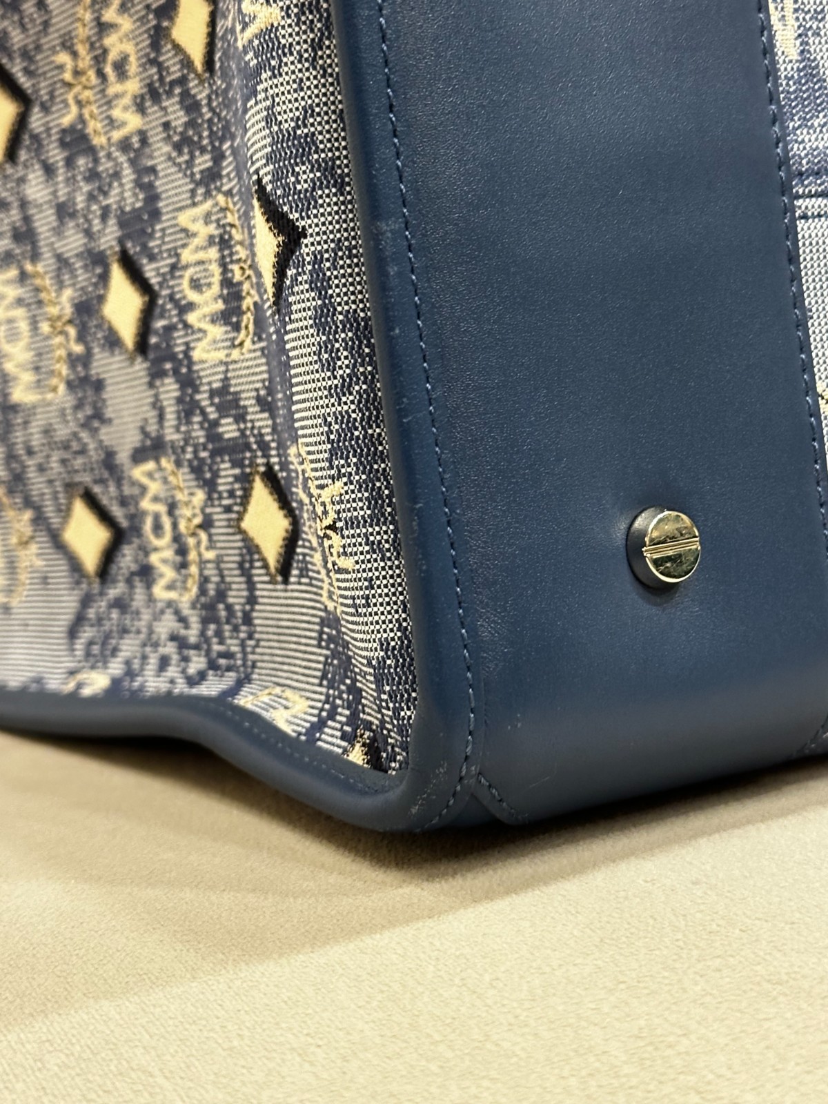 MCM Women Vintage Jacquard Tote Bag Blue Large size