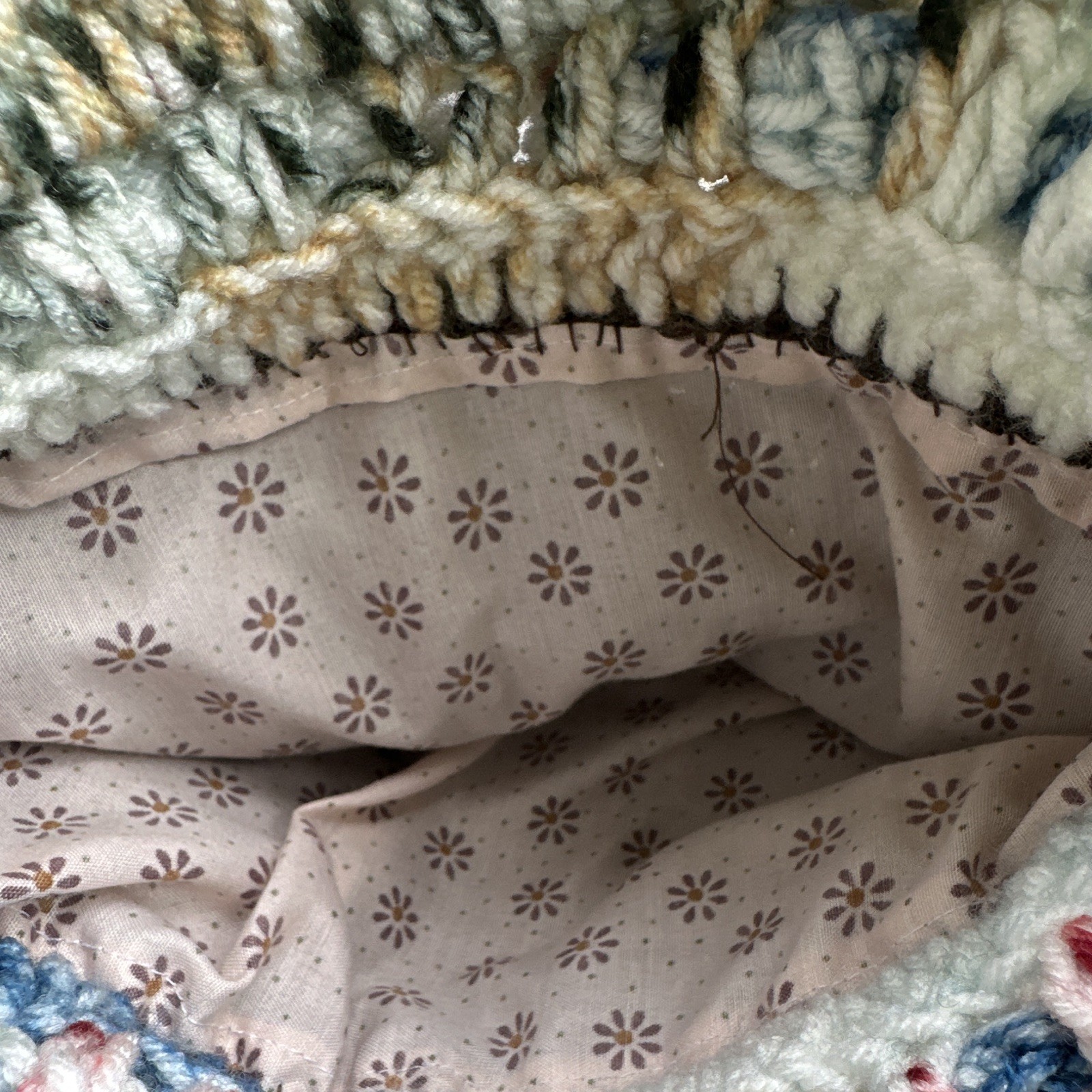 Handmade Crocheted Drawstring Shoulder Bag, Brown/White/Blue, Medium Boho