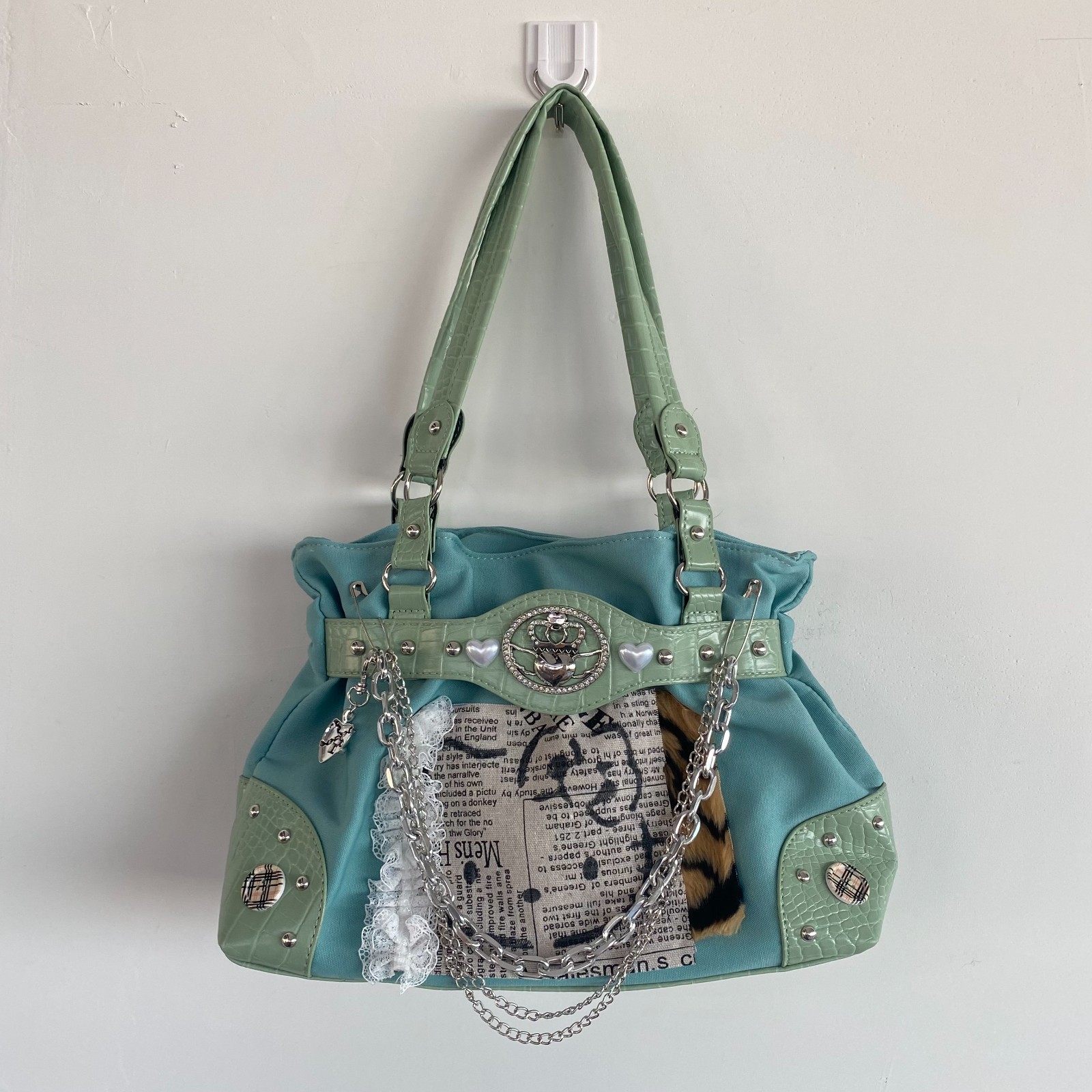 Custom Y2K Grunge Mint Green Crown Heart Handbag Coquette Decora Tote Bag