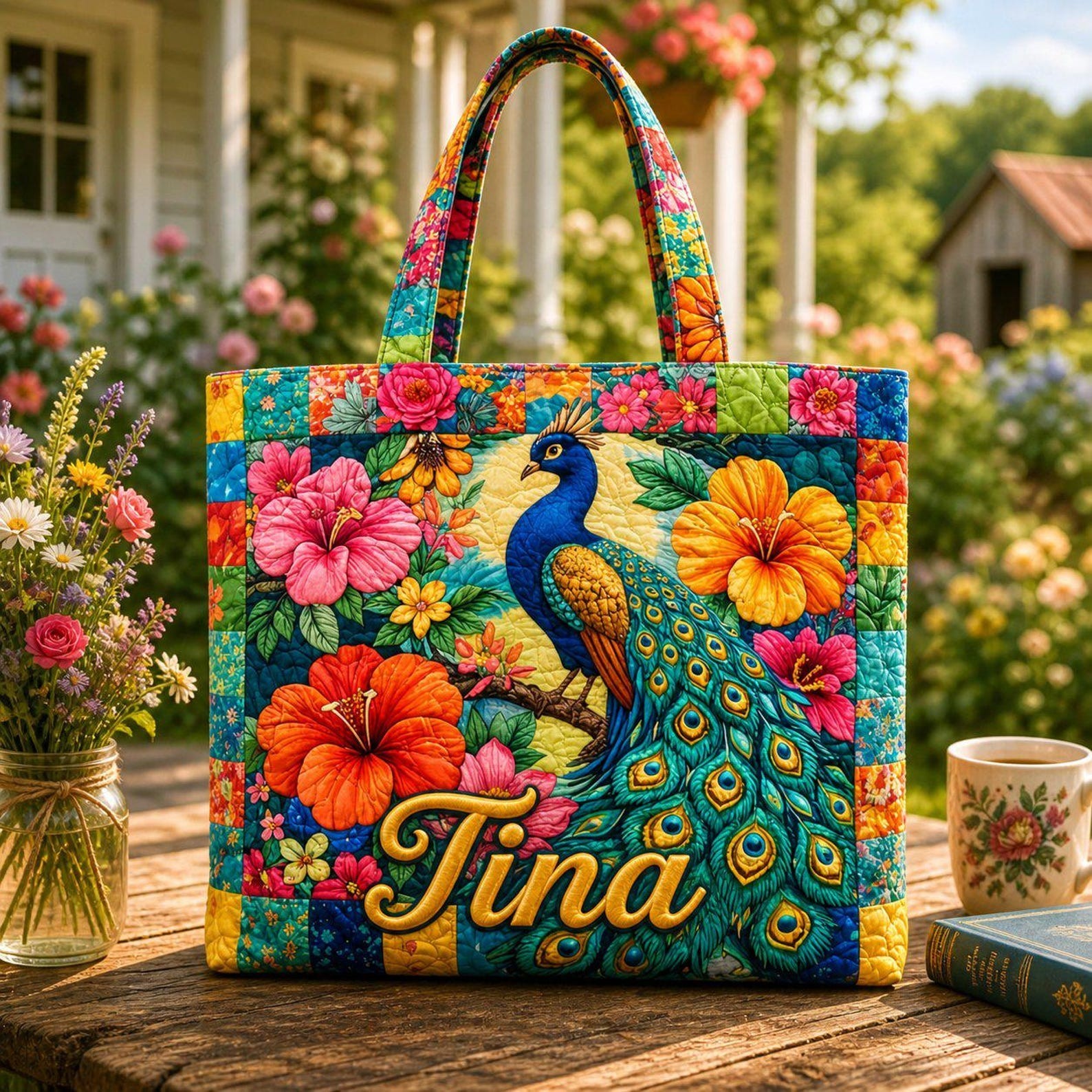 Personalized Colorful Peacock Quilted Tote Bag, Custom Name Peacock Lover Quilt