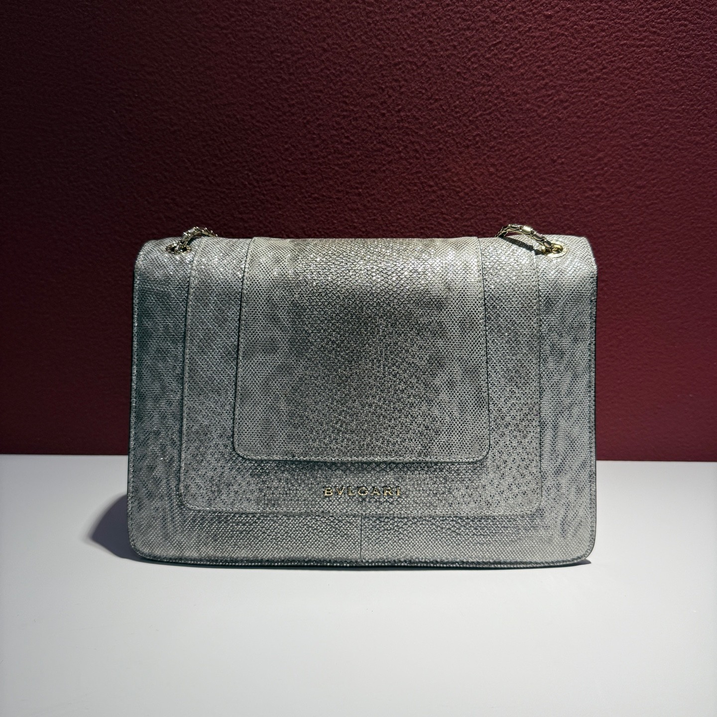 AUTH Bvlgari Serpenti Forever Silver Galuchat Medium Crossbody Bag Gold