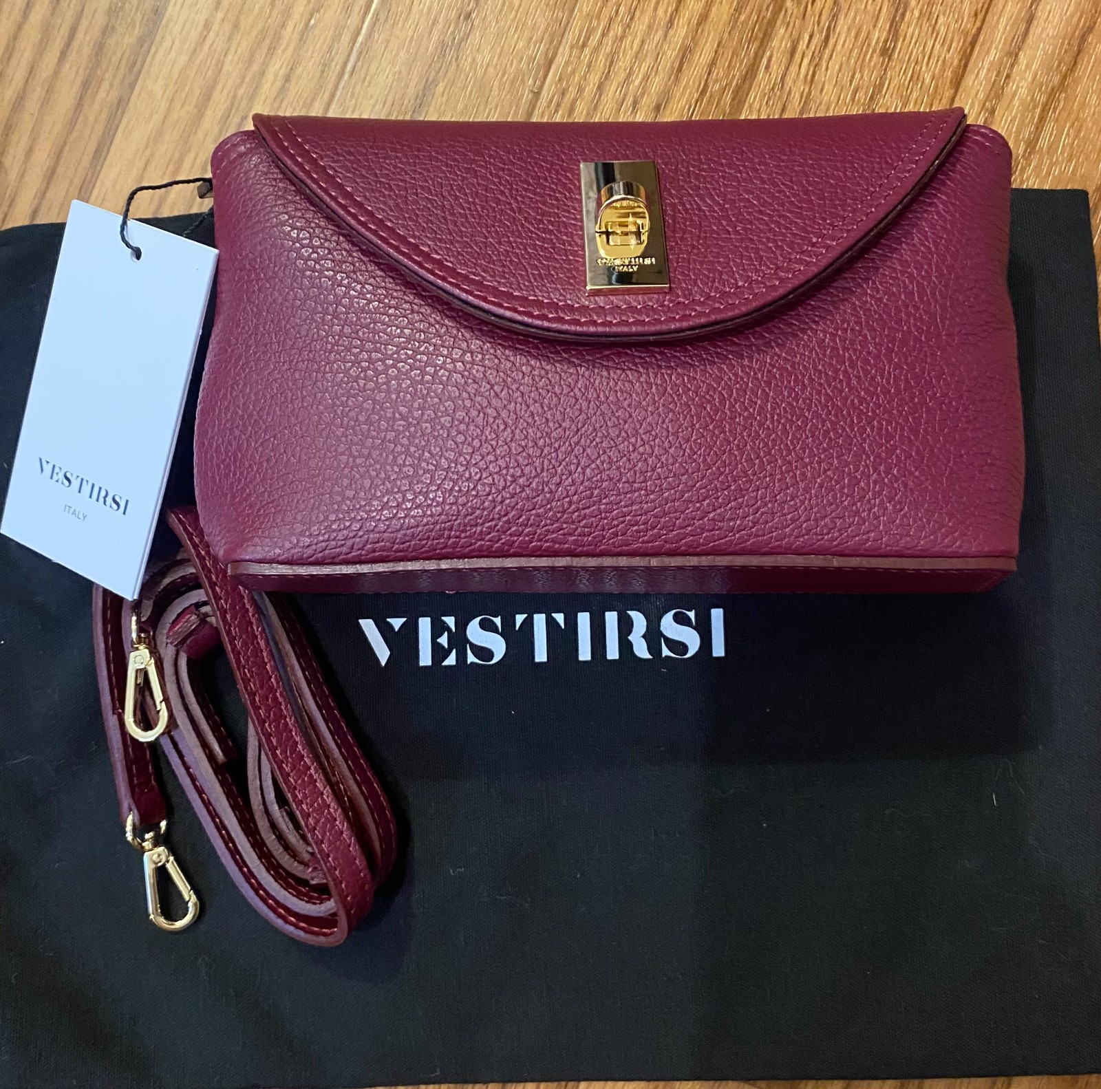 Vestirsi Sloane Bordeaux Leather Crossbody Clutch New w/Cloth Dust Bag