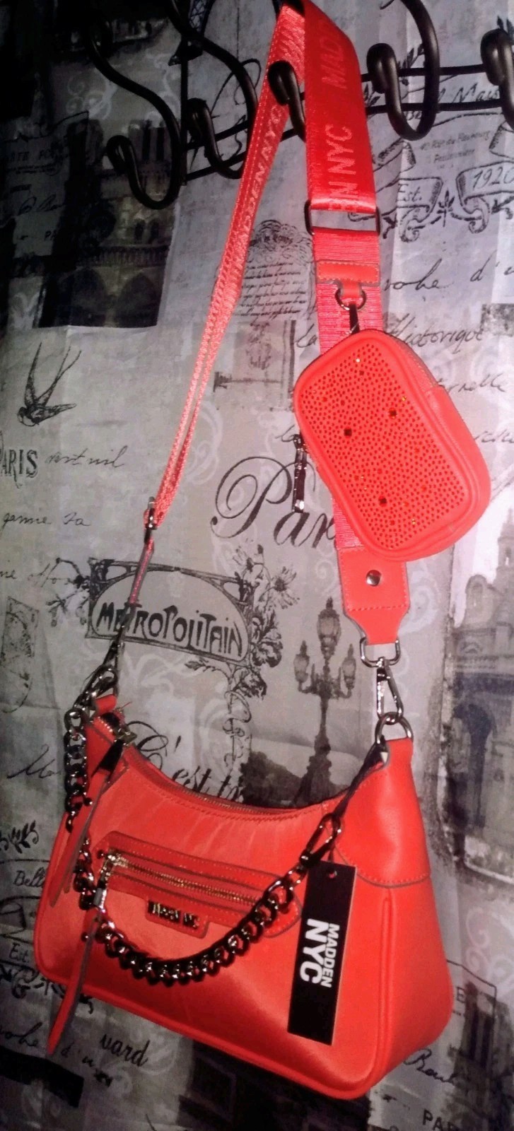 MADDEN NYC Chain Strap X-Body Tote Bag Orange(Red) Jewels/Studs Pouch NWT❤️BLING