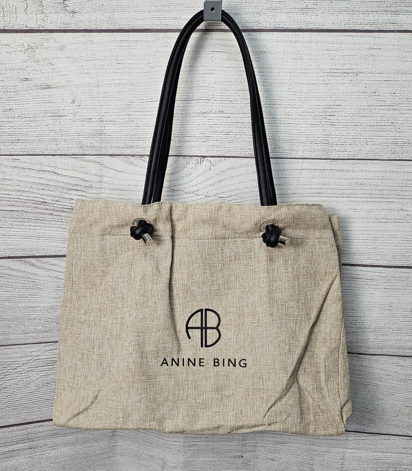ANINE BING Beige Logo Tote Bag Double Handles Black Lined Inner Pockets