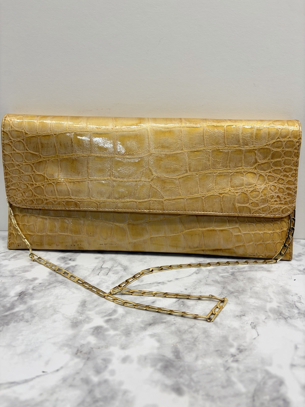 CARLOS FALCHI Gold Crocodile Embossed Clutch Chain Strap W/ Magnetic Clasp