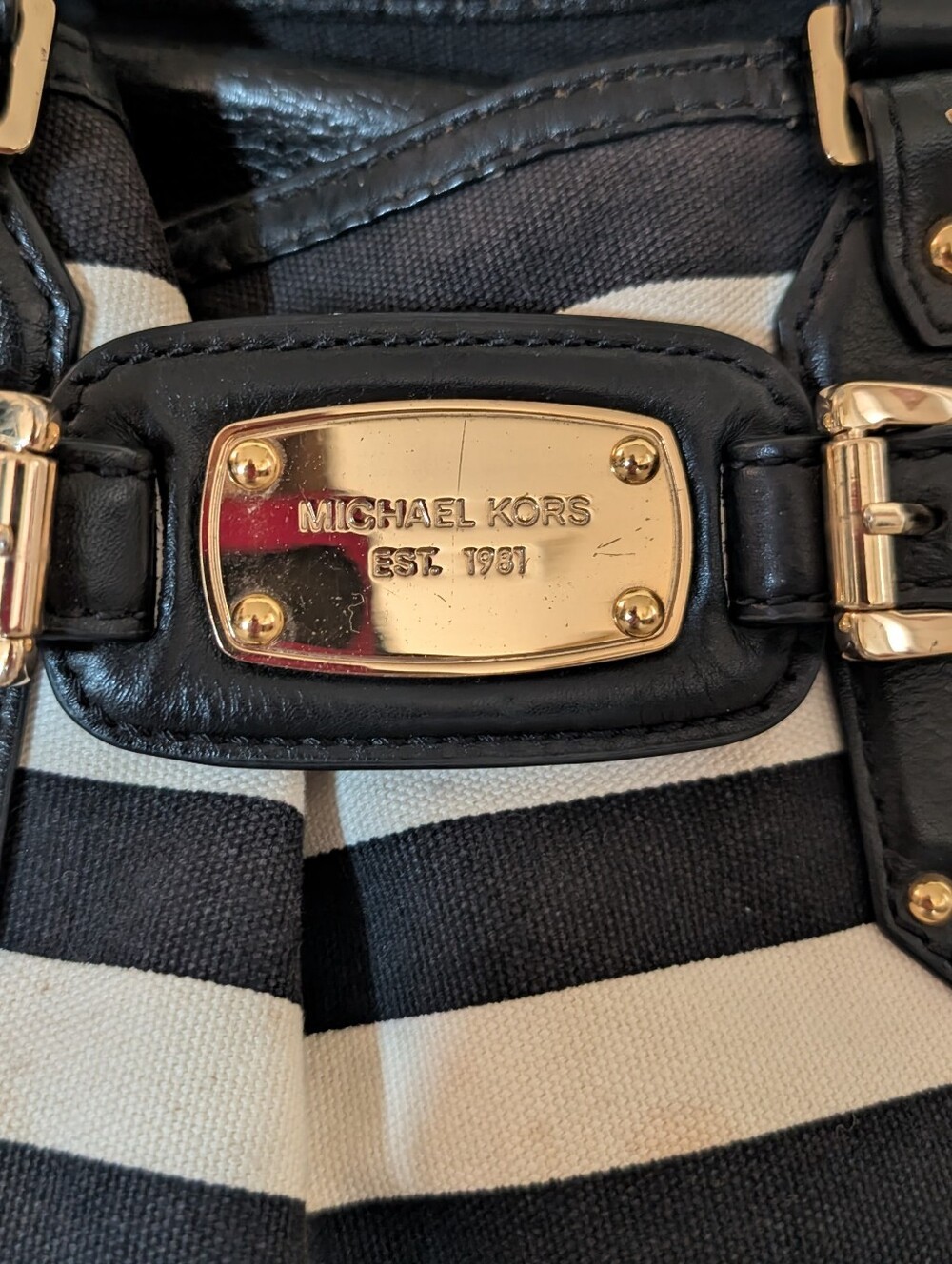 Michael Kors Gansevoort large belted tote in black and white stripe canvas